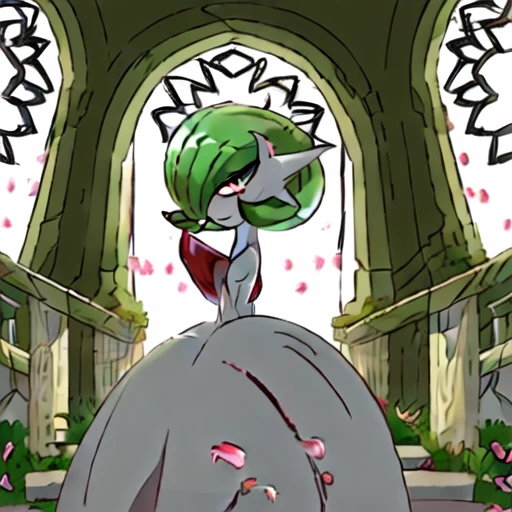 stained glass, mega pokemon, pokemon, gardevoir, day, closed mouth, smile, petals, green hair