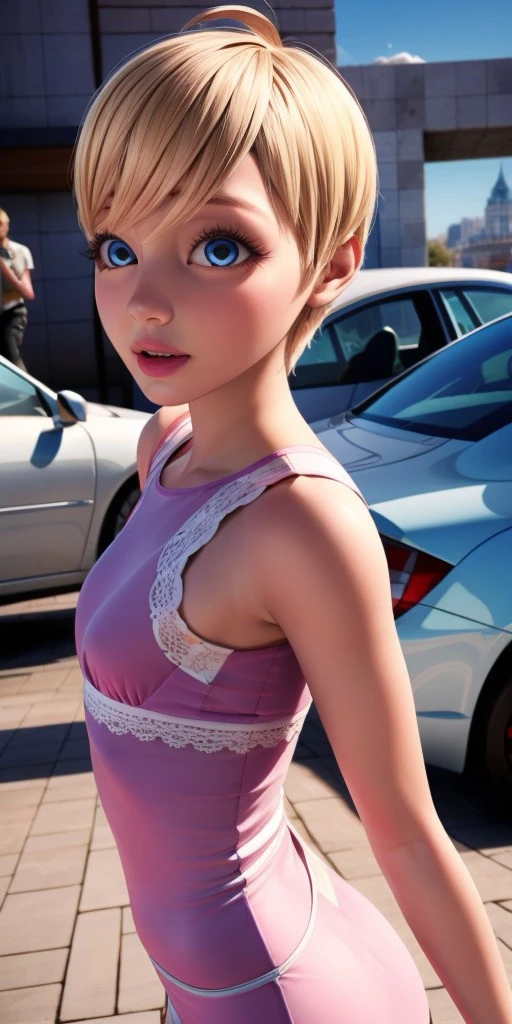 Hyperrealistic, super detailed, photorealistic, long pink dress with lace, honey blonde pixie cut with bangs that slightly cover her eyes to the right and a tiny cowlick on top expressive round vivid sapphire blue eyes, body like in real life, large pores, slender, fourteen years old, fair-skinned skin, beautiful arms, very flat very little breasts, unreal engine, octane render, droped shadow, bokeh, cinematic lighting, <lora:Volumetric_lighting:0.6>, <lora:add_detail:0.5>, Rose Lavillant, , <lora:06bcf8b1-73c7-405d-9e36-210ca06801fe:0.7>