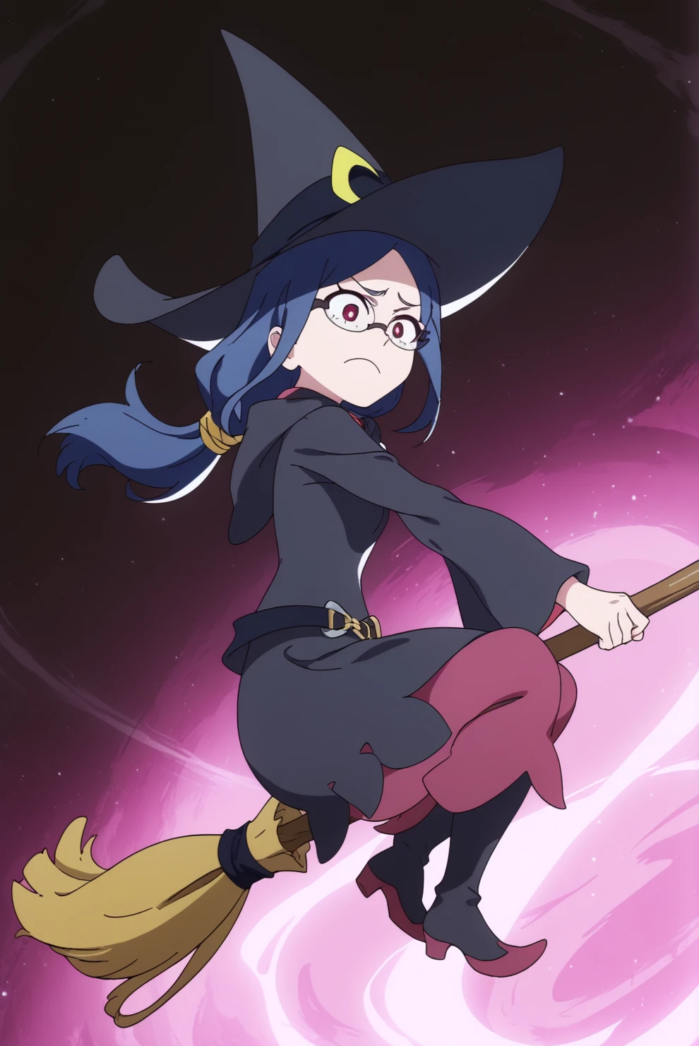 Ursula Callistis, solo, broom riding, witch, witch hat, glasses <lora:Little_Witch_Academia-Ursula_Callistis-PDXL:0.8>