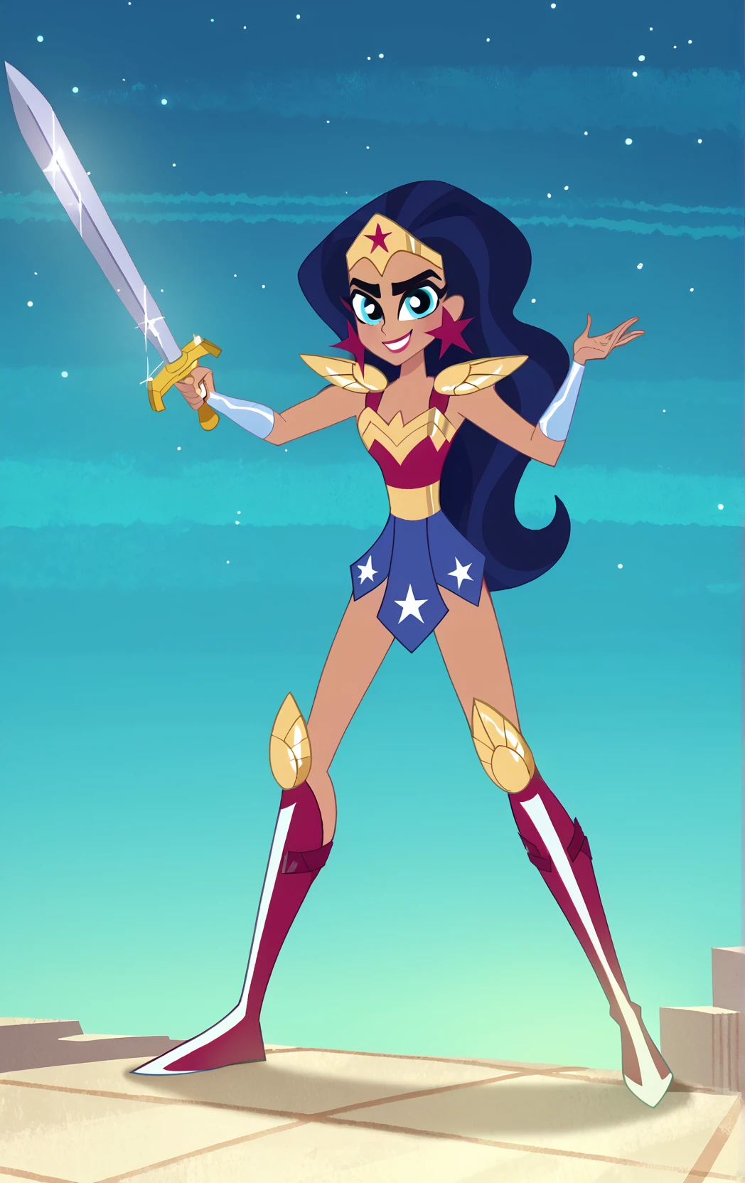 ((score_9)), score_8_up, ((high quality)), ((masterpiece)) BREAK
  DCSG Style, DianaP, Wonder Woman, Star Earrings, shoulder armor, armor, knee boots, Black Hair, Jewelry, looking at viewer, smiling, good anatomy, five fingered hands, outer space, hands up, holding one sword<lora:DC_Superhero_Girls_2019:0.8>,<lora:pony_good_hands:0.8>