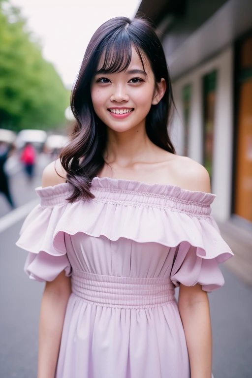 1girl, (masterpiece, RAW photo, best quality:1.4), (realistic, photo-realistic:1.4), extremely detailed, 8k wallpaper, ultra-detailed, highres, soft light, beautiful girl, young Japanese idol, brown eyes, (grin:1.4), (long hair:1.2), ( Kimi Ruffled-Shoulder Smocked Midi Dress:1.4), (standing in a bustling city street:1.4), relaxed aura, gravure photo, detailed eyes and face, perfect anatomy, shiny skin, detailed skin, (blurry background:1.2), professional lighting, shallow depth of field, vibrant colors, glossy finish, pastel colors, high fashion, editorial style, cinematic lighting, artistic composition,  <lora:oonishiaguri_lora-v2_02:0.9>