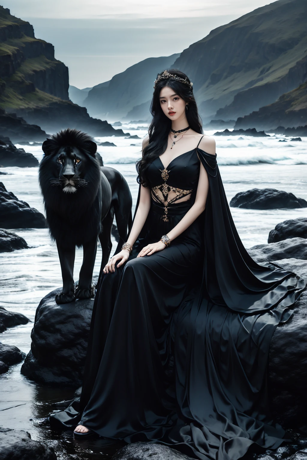 1girl, sitting, black lion,black lion queen,  <lora:JAY -  BLACK LION QUEEN:0.8>