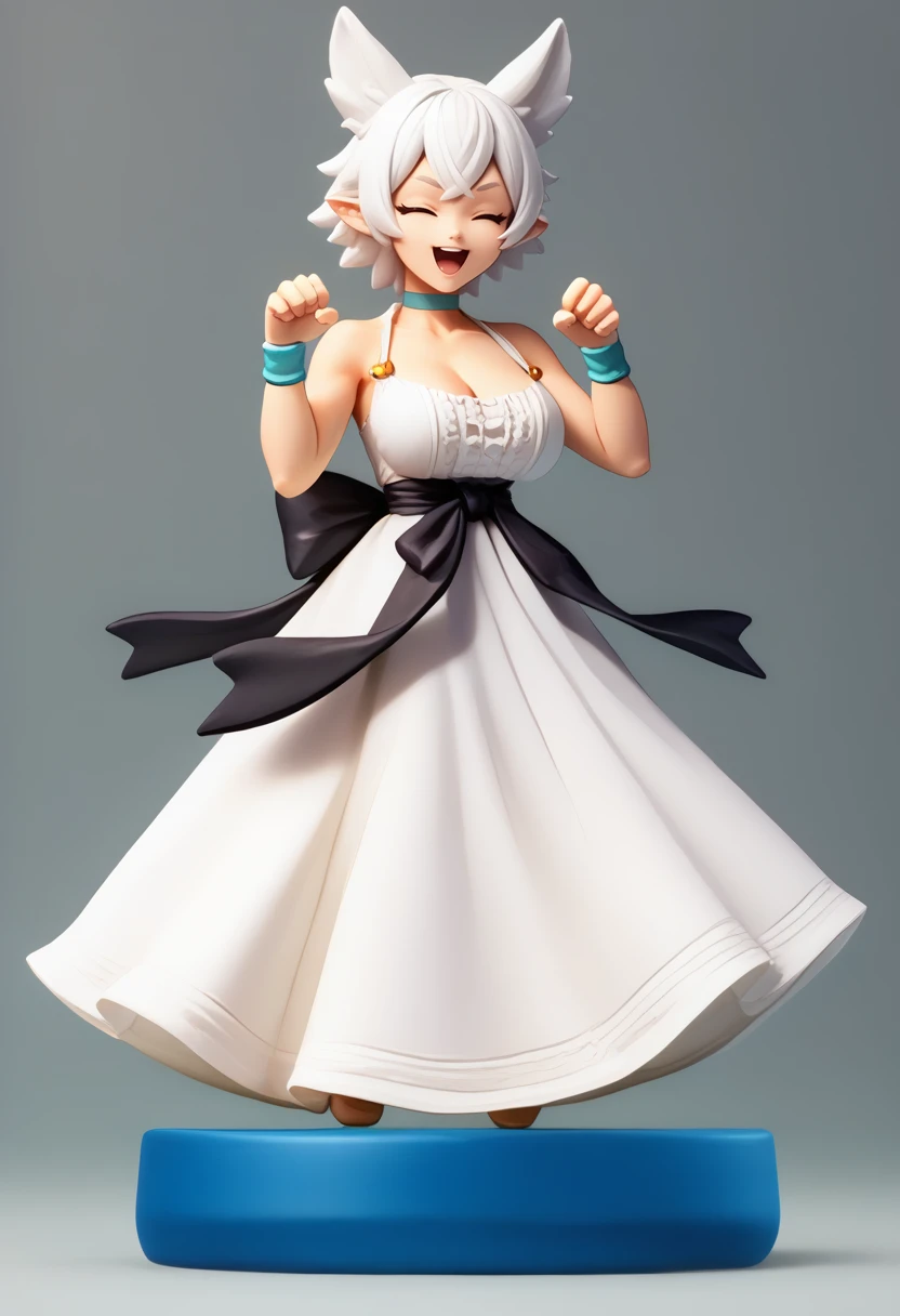 score_9, score_8_up, score_7_up, amiibo, figure, solo, full body, <lora:Amiibo_pdxl_Incrs_v1:1>, <lora:lv2supercheatpowers_fenrys_ponyXL:0.8> lv2fenrys, white hair, animal ears, pointy ears, large breasts, white dress, sleeveless dress, waist bow, black bow, choker, wristband, bare shoulders, collarbone, cleavage, paw pose, hands up, happy, closed eyes, open mouth,