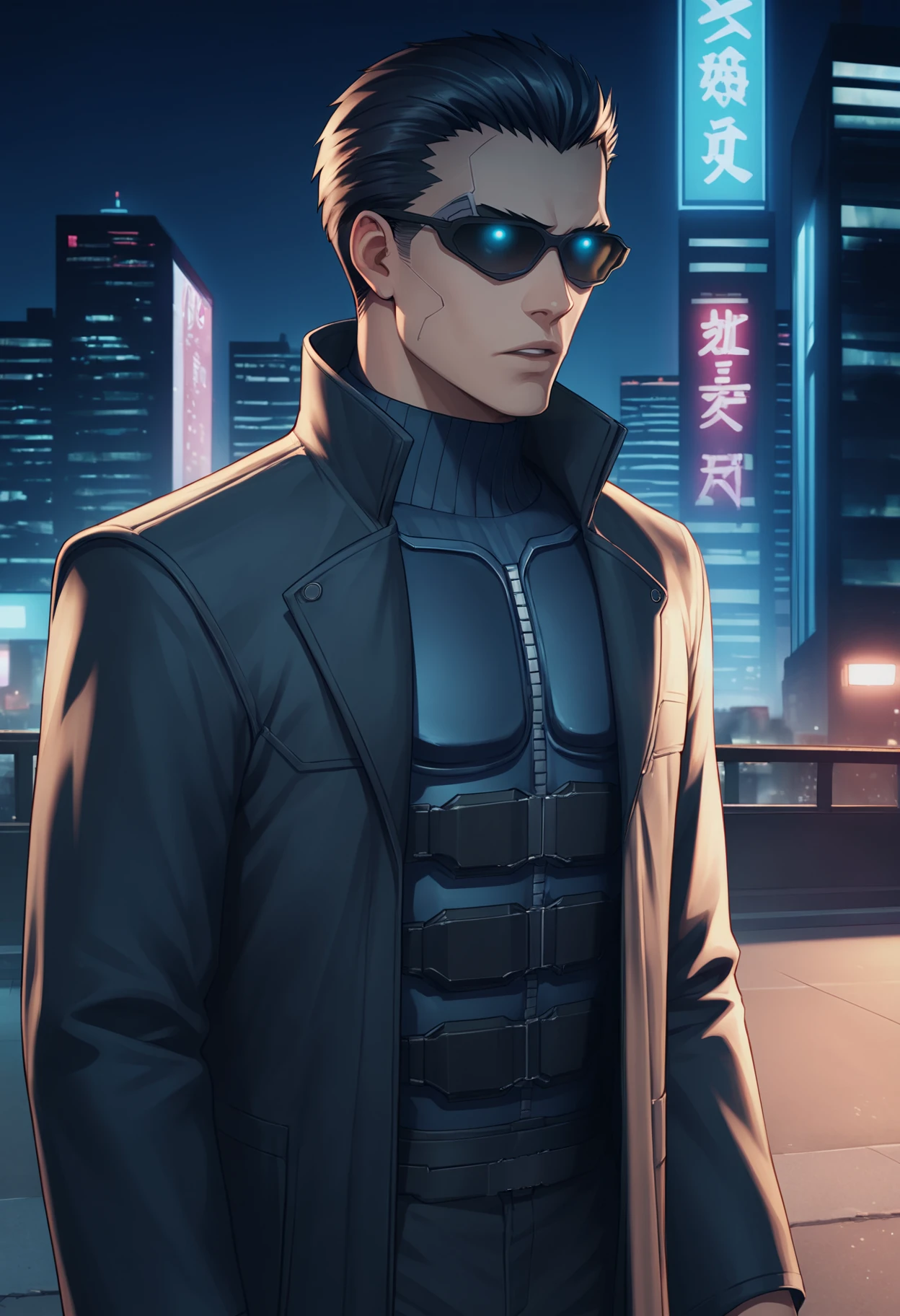 score_9, score_8_up, score_7_up, source_anime BREAK <lora:jcdenton-deusex-richy-v1_pdxl:1> 1boy, solo, male focus, standing, jde, sunglasses, black hair, short hair, black coat, trench coat, outdoors, city, dark, darkness, night, night sky, parted lips, cyberpunk