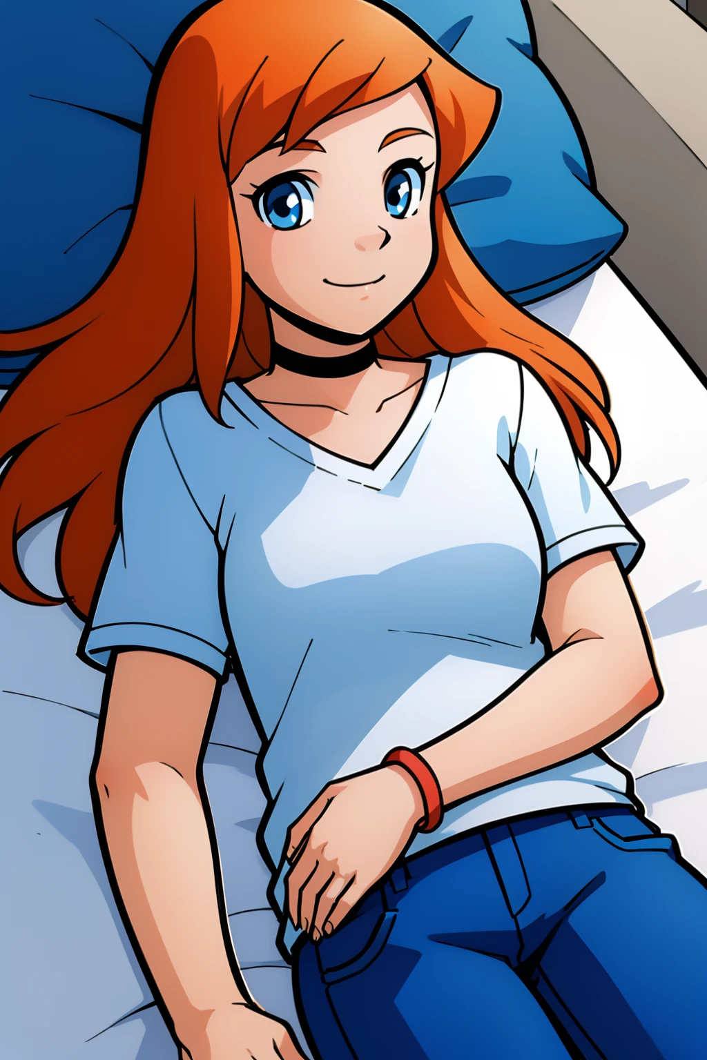 julie,1girl,solo,sleeping,in bed,lying,orange hair,long hair,blue eyes,choker,white shirt,blue pants,smile,looking at viewer,masterpiece,best quality