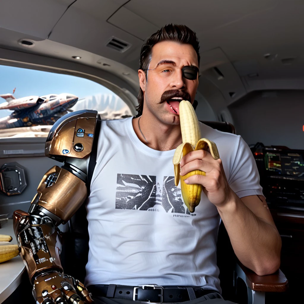 zPDXL2, score_7_up, score_8_up, solo male, realistic, nsfw, 
BREAK,
 Apexfuse sitting, mustache, (single mechanical arm, mature male, eyepatch:1.1), scar on face, t-shirt, bedroom eyes, eating banana, bedroom eyes,  (licking:1.15), suggestive, 
detailed setting, indoors, spaceship pod, science fiction,