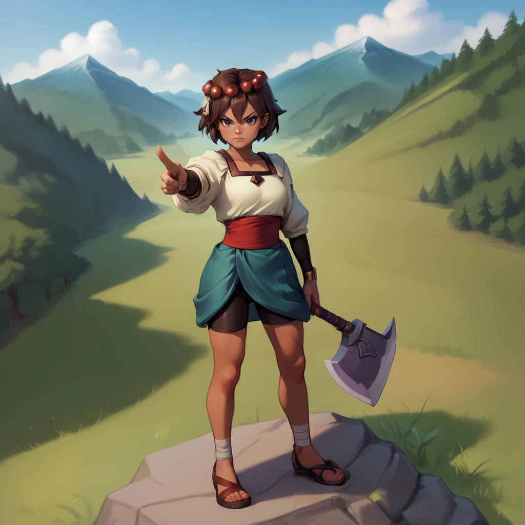 <lora:ajna:1>,1girl,solo,ajna,dark-skinned female,brown hair,brown eyes,short hair,bob cut,hair beads,hair ornament,white shirt,bridal gauntlets,bracelet,red sash,aqua skirt,bike shorts,ankle wrap,sandals,
day,forest,cloud,rock,grass,mountain,mountainous horizon,
full body,holding axe on shoulder,looking at viewer,angry,!!,closed mouth,standing,pointing at viewer,furious,, score_9, score_8_up, score_7_up, perfect anatomy, source_anime, zPDXL2,