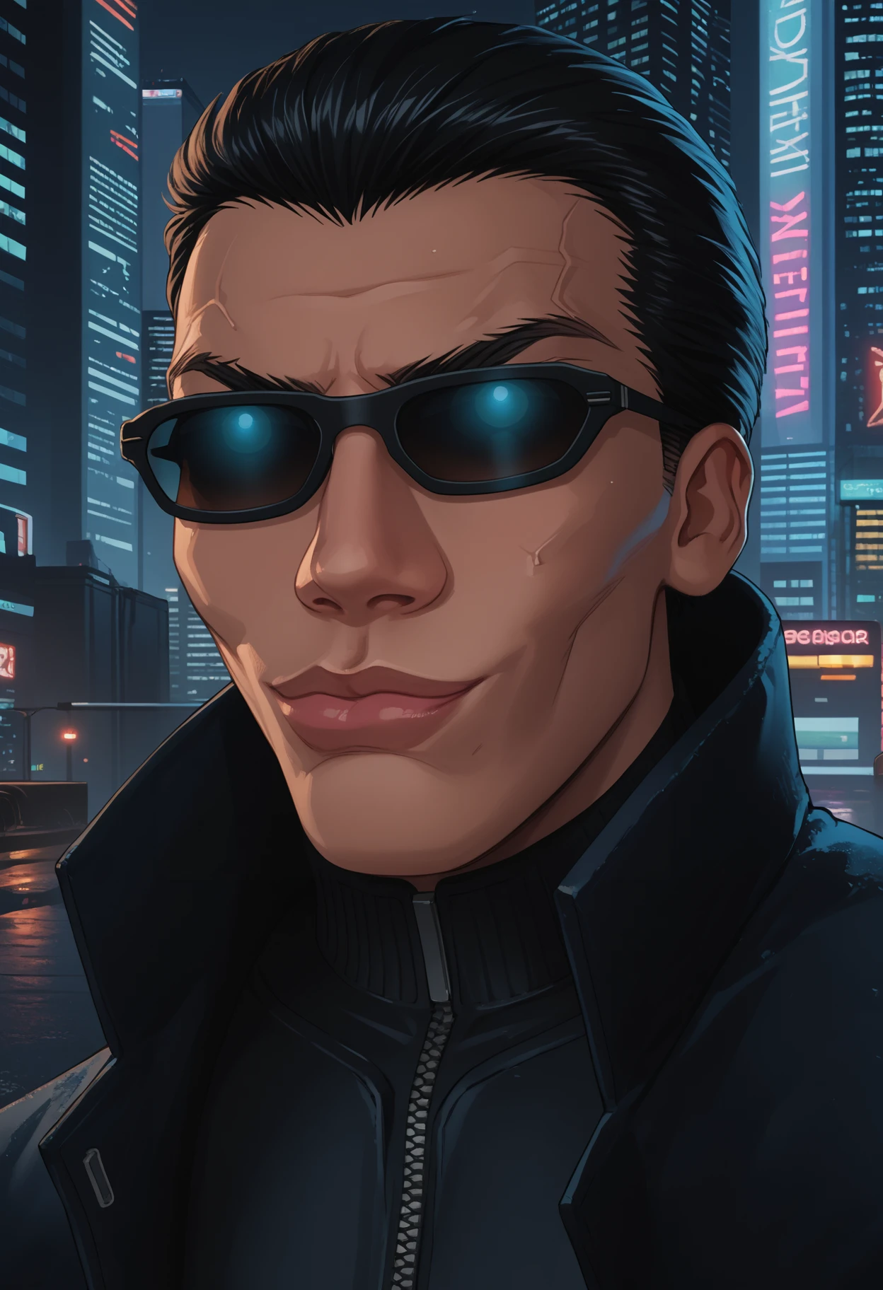 score_9, score_8_up, score_7_up, source_anime BREAK 1boy, solo, male focus, <lora:KzyGuyMeme:1> SkylerWhiteYo, closed mouth, smile, lips, jde, sunglasses, black hair, short hair, black coat, trench coat, cyberpunk, <lora:jcdenton-deusex-richy-v1_pdxl:1>