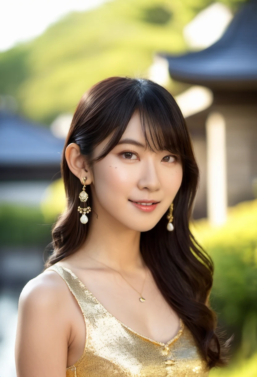 masterpiece, high detail,Portrait of Saya Hiyama, wearing earrings, dark hair, light crop top, golden skirt, outside, blurry background, natural lighing, natural look   