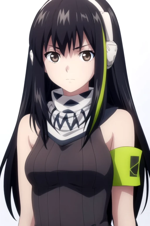 solo, 1girl, looking at viewer, 2D, anime, official style, anime coloring, anime screencap, upper body, (simple background, solid white background:1.3),  <lora:m4a1-gfl:0.8>, m4a1, headphones, scarf, armband, closed mouth