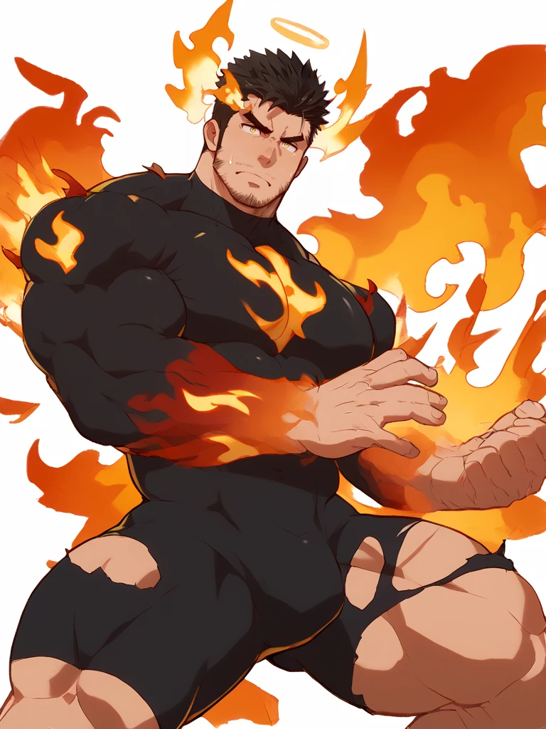 score_9,score_7_up,score_6_up,score_5_up,score_4_up,zabaniyya \(housamo\), muscular, 1boy, fire, male focus, bara, thick thighs, muscular male, stubble, solo, halo, facial hair, thighs, torn clothes, bodysuit, pectorals, black hair, yellow eyes, frown, large pectorals, mature male, thick eyebrows, transparent background, fighting stance, flame print, bulge, thick arms, tight, spiked hair, burnt clothes, manly