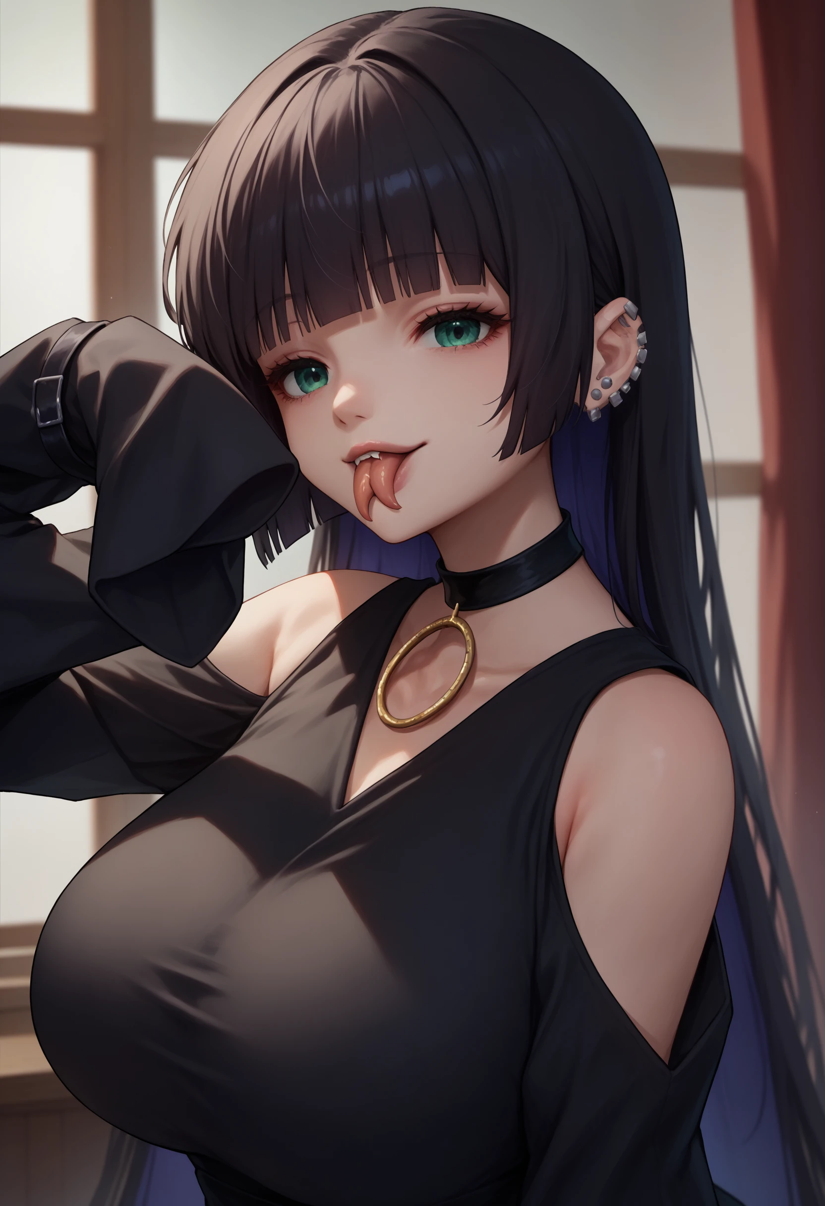 score_9, score_8_up, score_7_up, <lora:Hoseki_BocchiTheRock_Pasan_PDXL_v2:0.8> pasan, colored inner hair, large breasts, ear piercing, chin piercing, hime cut, choker, black dress, long dress, shoulder cutout, sleeves, forked tongue, tongue out, <lora:ForkedTongue_pdxl_Incrs_v1:1>, upper body, looking at viewer,