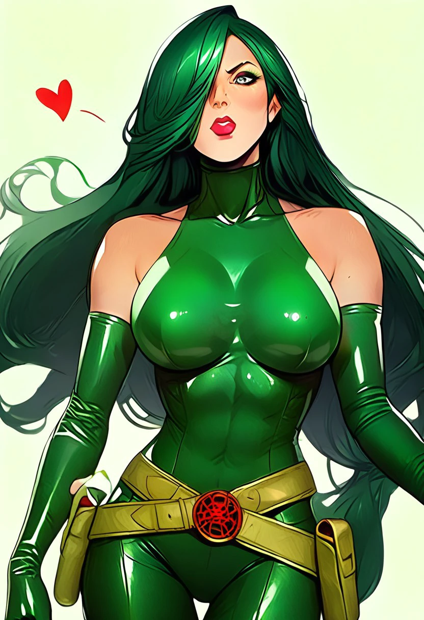 fingers)),score_9, score_8_up, score_7_up, score_6_up, score_5_up, score_4_up,intricate detail, high res, 2d, comic drawing style,Madame Hydra, 1girl, solo, long hair, green bodysuit, skin tight, breasts, bare shoulders, belt, elbow gloves, green boots, long hair, green hair color, fringe covering one eye, latex clothing, large breasts, blowing kiss, heart