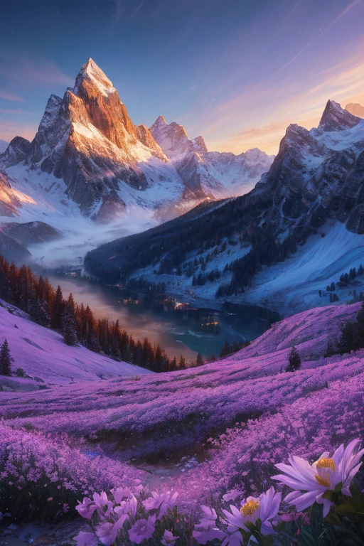 beautiful mountain landscape at dawn, god rays, intricate details, ultrarealistic, hyperrealistic , ((masterpiece)), ((best quality)), 8k, high texture resolution, uhd, hdr, cinematic lighting, valley full of flowers, mountain peaks with snow, majestic sky