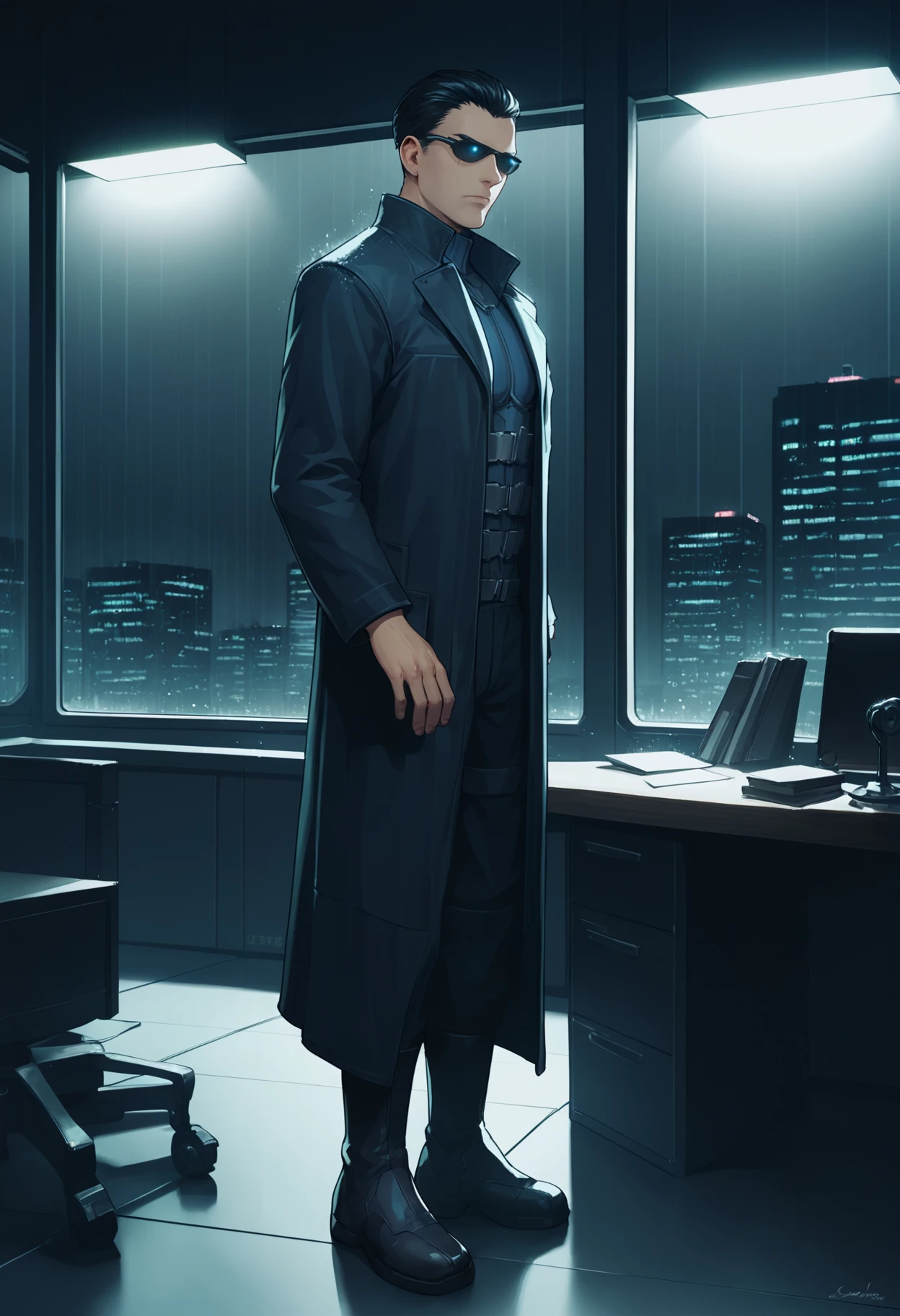 score_9, score_8_up, score_7_up, source_anime BREAK <lora:jcdenton-deusex-richy-v1_pdxl:1> 1boy, solo, male focus, jde, sunglasses, black hair, short hair, black coat, trench coat, standing, indoors, cyberpunk, science fiction, looking at viewer, closed mouth, from side, black boots, gloves, standing, indoors, office, dark, darkness, desk, desk lamp, rain, night, black background