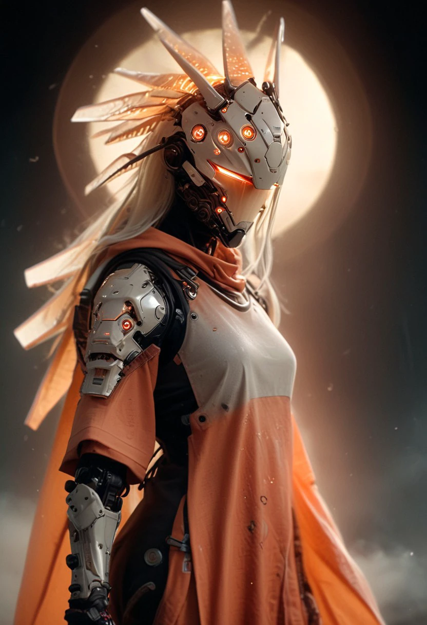 Infront of an atmospheric sunrise, Closeup Portrait, beautiful charming blushed freckled Busty DARK haired Cyborg Samurai wearing a bleaked orange translucent automaton helmet, detailed skin and lips, extreme Face CloseUp, looking at Viewer, intricate translucent technical helmet details, White outworn Cotton hoodie, Large shoulder pads, atmospheric lighting, novuschroma60 style bokeh, The photo features faded colors, with a limited palette of gray, beige, and washed-out red, capturing her cool, striking appearance.. cinematic composition, soft shadows, national geographic style,