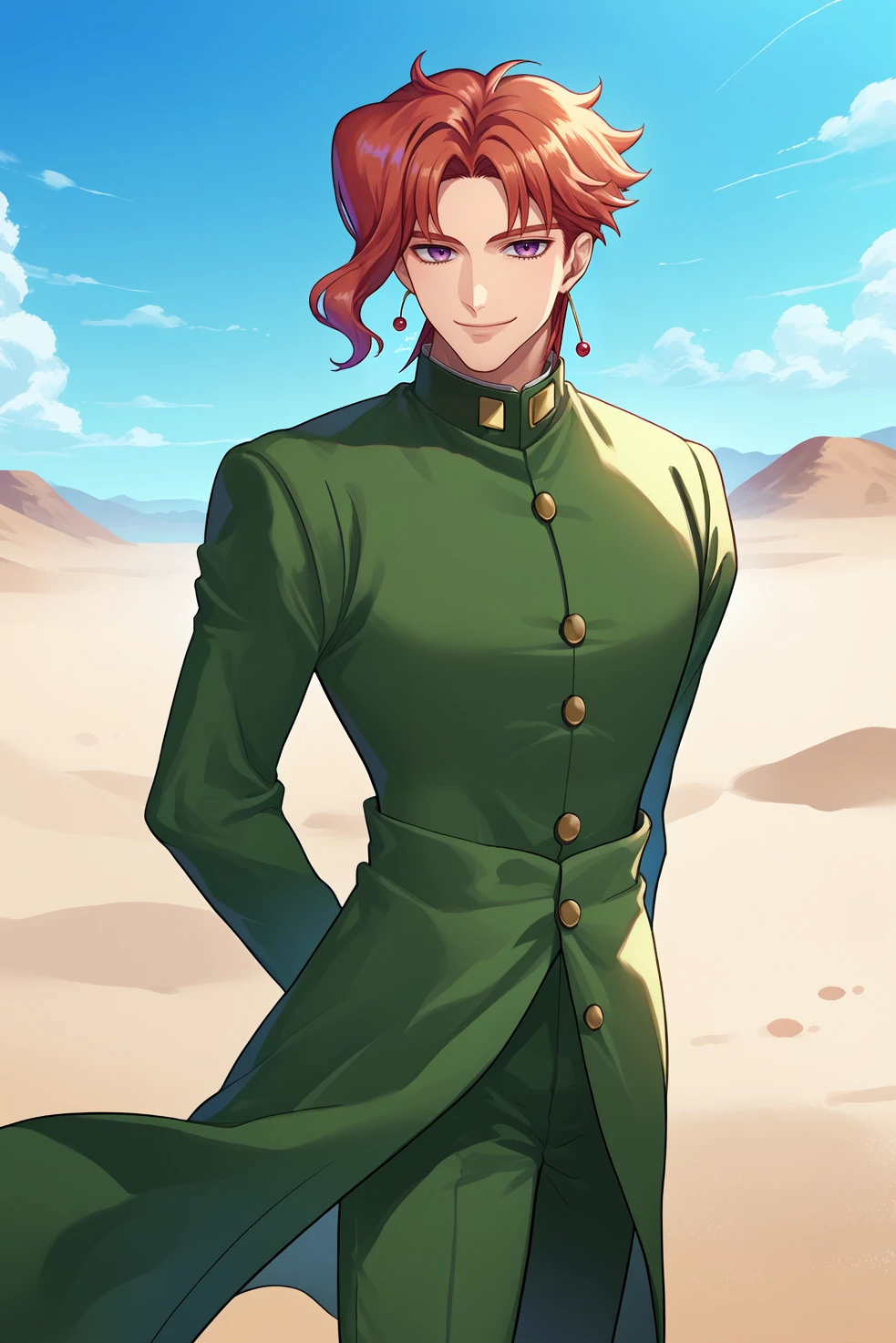 score_9, score_7_up, source_anime, cowboy shot, looking at viewer, smile, 1boy, kkn, purple eyes, short hair, cherry earrings, green gakuran, buttons, long sleeves, green pants, brown footwear, outdoors, sand dune, desert, blue sky, <lora:Hoseki_JoJosBizarreAdventure_KakyoinNoriaki_PDXL_v1:1>