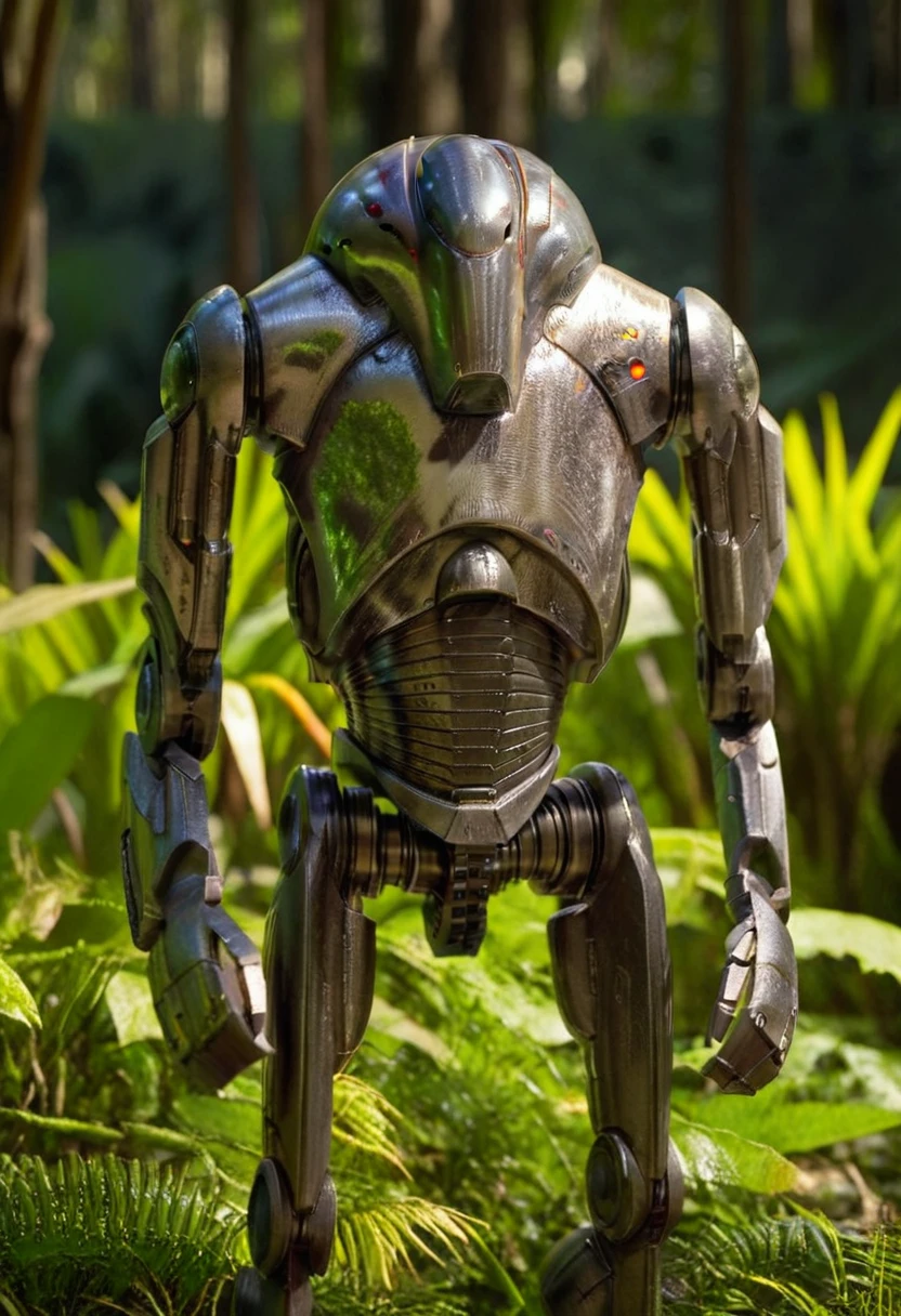 7-B2 droid, jungle, exploring, portrait, warm lighting, close up, microphotography, field of view [reflections, accurate lighting, shadows, realistic, high quality photo, 4k, hd, smooth metallic surfaces]