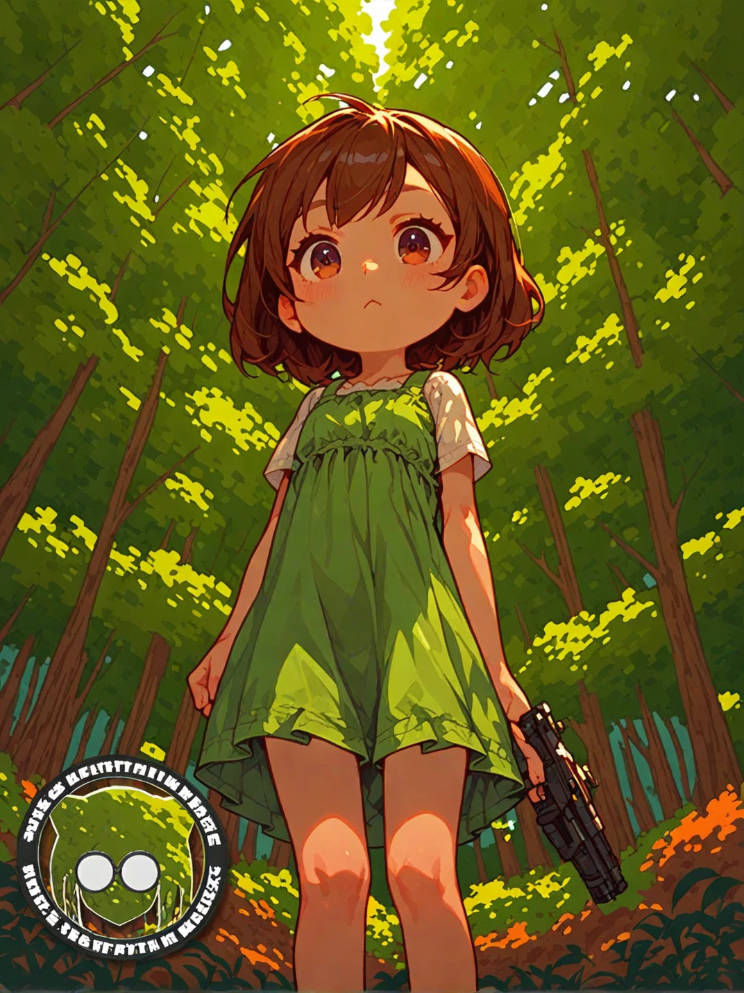 score_9, score_8_up, score_7_up, score_6_up, chibi, small girl, cozy, cowboy shot,

vivid, dynamic pose, summer dress, gun, holding gun,

cute, park, woods, forest, hands at sides, from below,