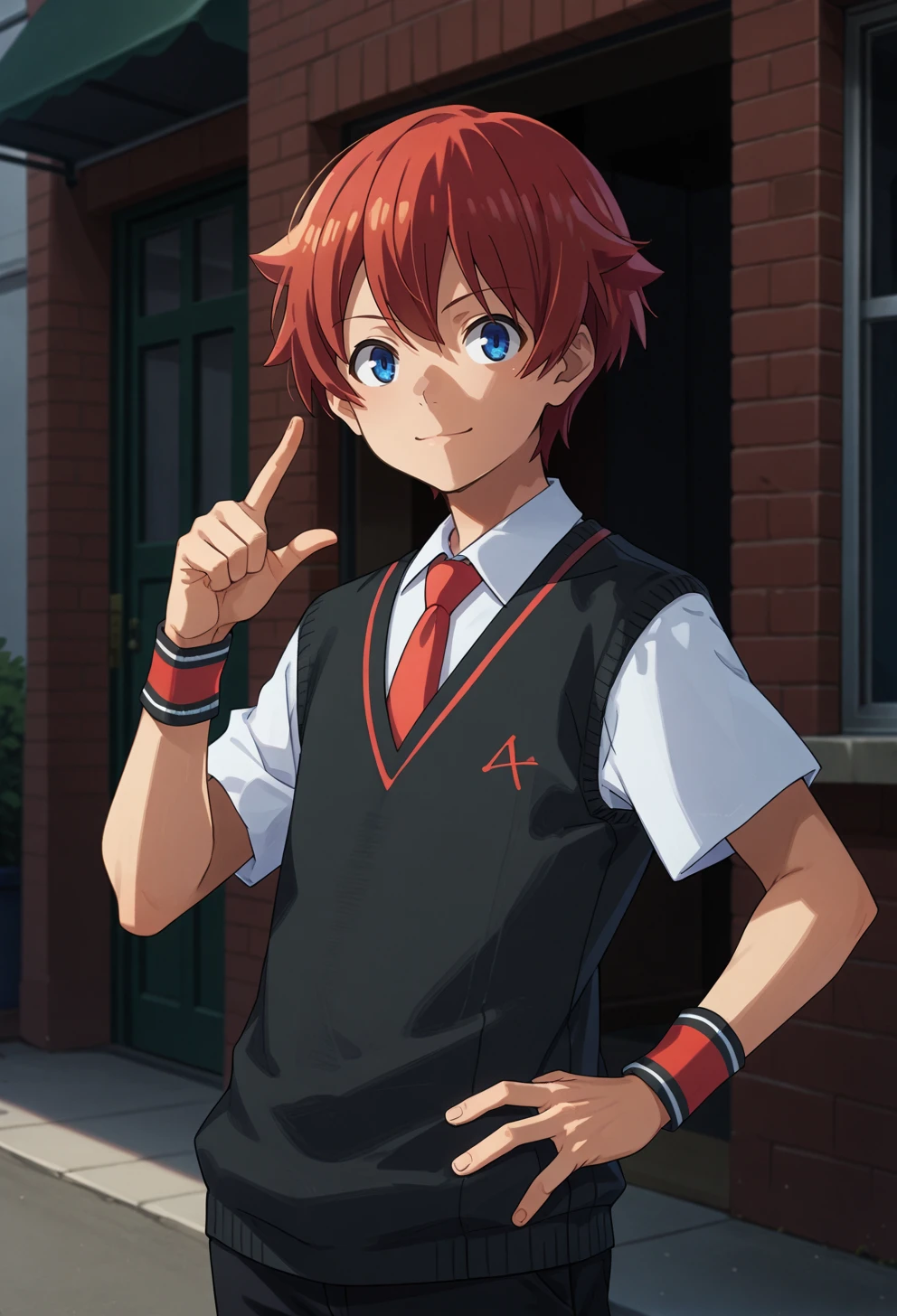 score_9, score_7_up, source_anime, BREAK  <lora:AEYuta:1> aeyuuta, blue eyes,red hair, short hair, collared shirt, red necktie, short sleeves, sweater vest, wristband, black pants, light smile, hand up, hand on own hip, facing away, twisted torso,