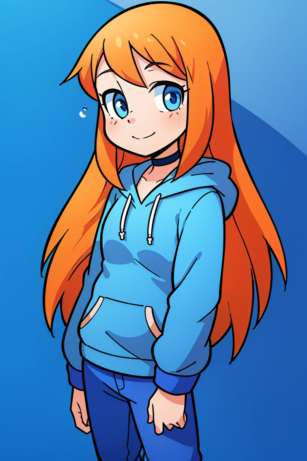 julie,1girl,solo,orange hair,long hair,blue eyes,1girl,solo,choker,smile,looking at viewer,blue hoodie,long slevless,pants,masterpiece,best quality