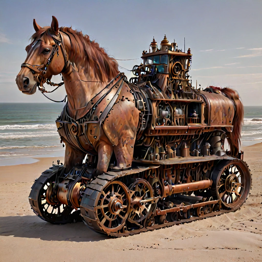 <lora:tanktreadsXLg2-05:0.8>, highly detailed textures, no humans, Tudor  multicolored horse shaped ground vehicle,  with htk-trckd, outdoors on the beach, <lora:style\SDXL\SteampunkXL_V1.safetensors:1.0> steampunk