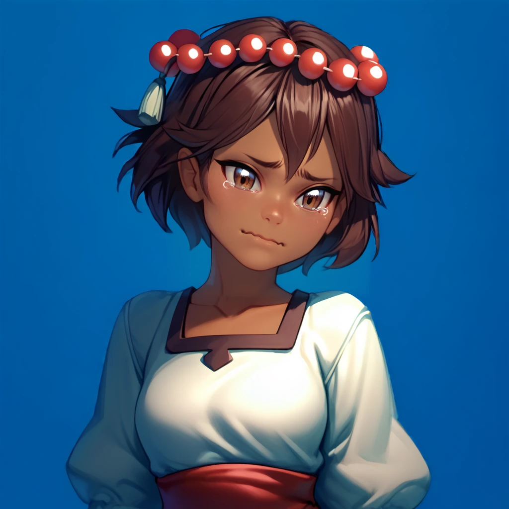 <lora:ajna:1>,1girl,solo,ajna,dark-skinned female,brown hair,brown eyes,short hair,bob cut,hair beads,hair ornament,white shirt,red sash,aqua skirt,aquacrying,wavy mouth,closed mouth,tearing up,upper body,simple background,blue background,, score_9, score_8_up, score_7_up, perfect anatomy, source_anime, zPDXL2,