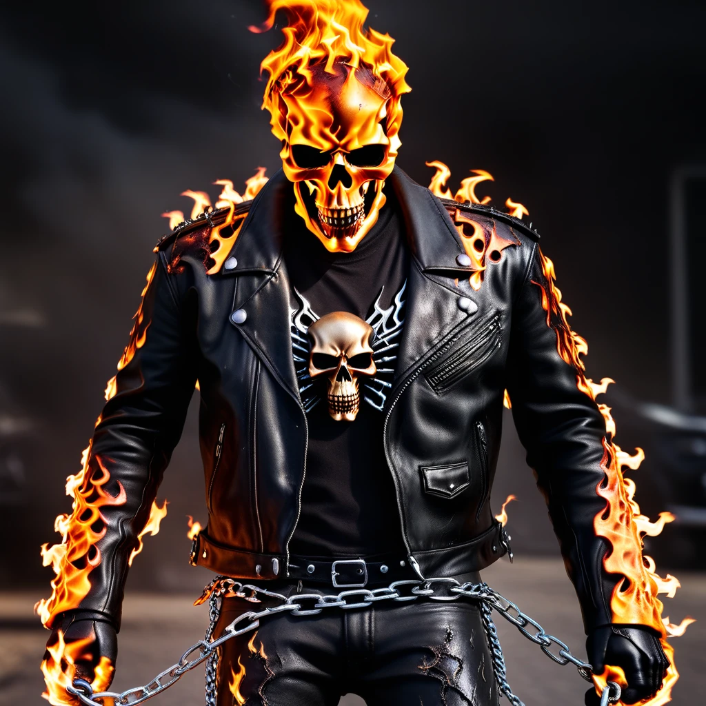 a close up portrait of ghost rider looking at the viewer, flaming eyes, torn up leather jacket with a chain