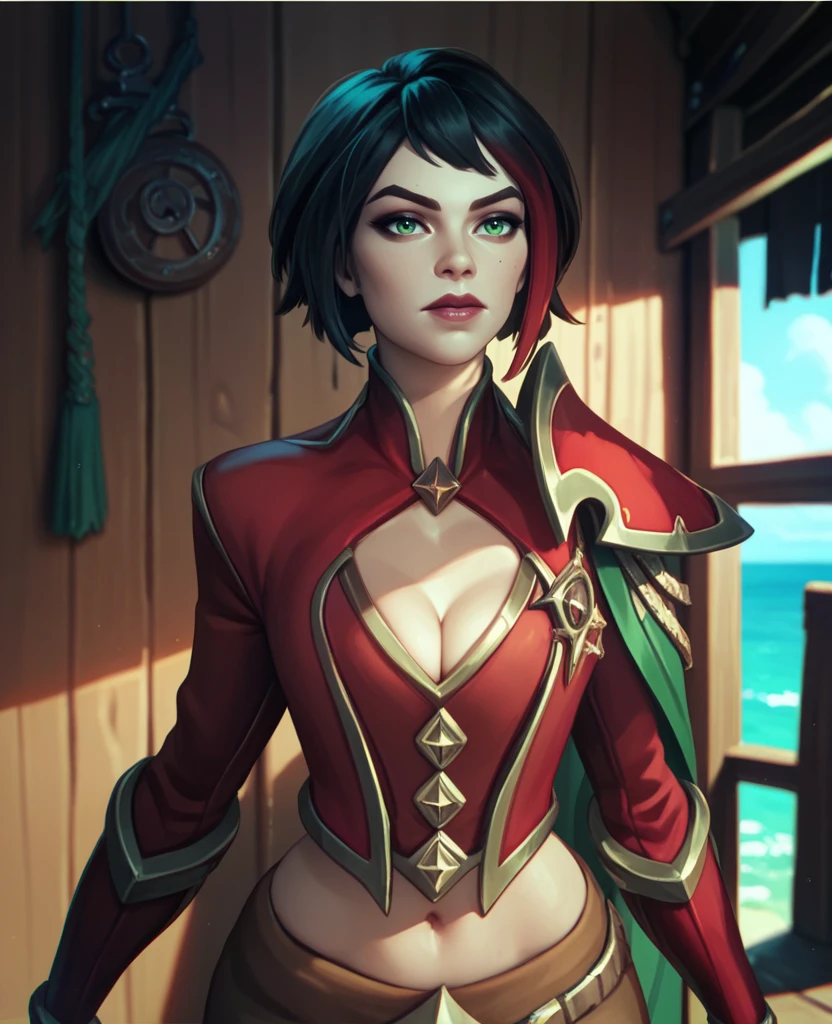 Vivian, short black hair, streaked red hair,lips, mole on left cheek, lipstick ,makeup, green eyes, standing, upper body,  looking at viewer, 
brown pants,cleavage cutout,shoulder armor ,midriff , 
sea, town, 
 (insanely detailed, beautiful detailed face, masterpiece, best quality) 
 <lora:Vivian-10v5:0.7>