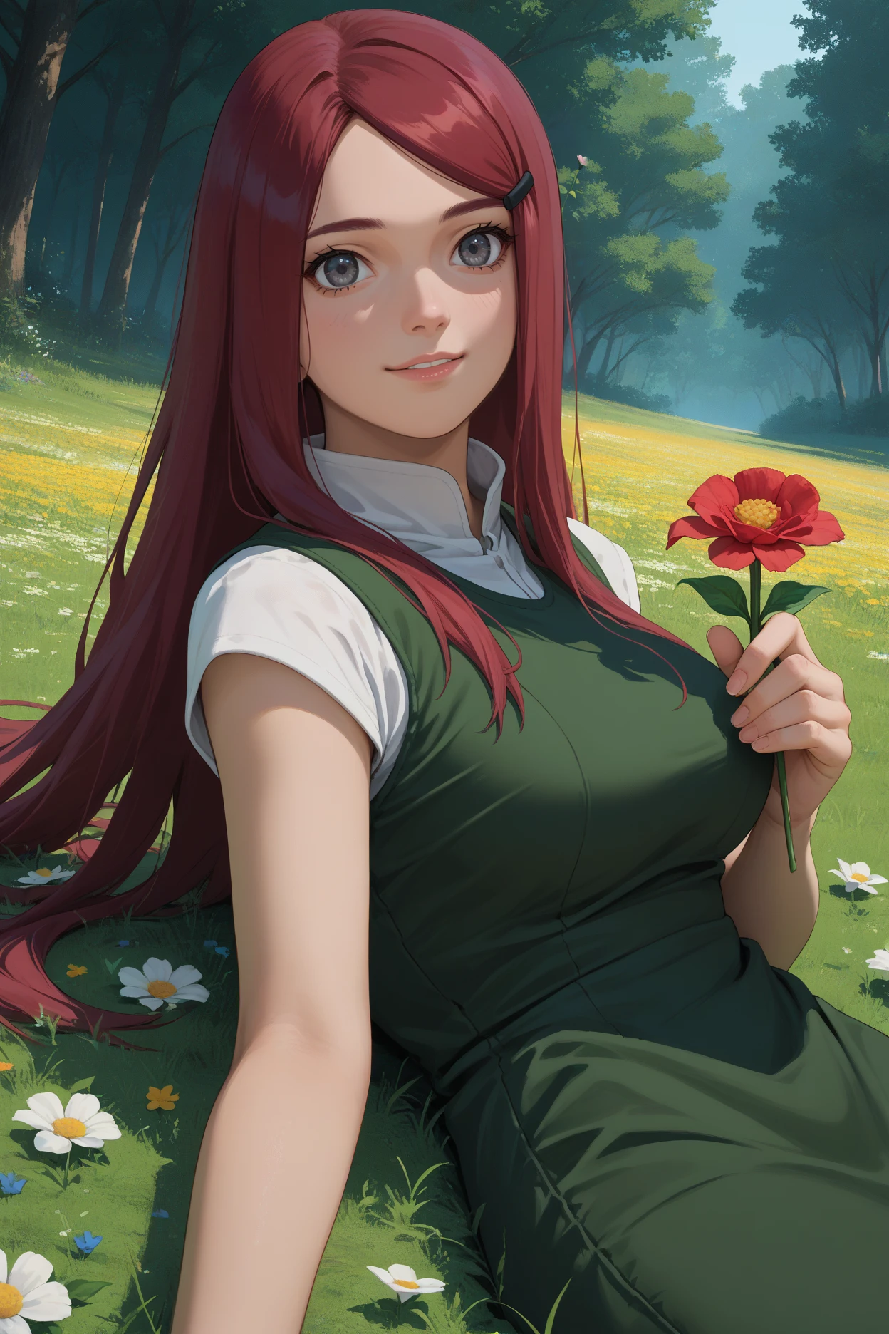 score_9, score_8_up, score_7_up, score_6_up, source_anime, 1girl, solo,  <lora:kushina-pdxl-nvwls-v1-000004:1> kshna, red hair, long hair, grey eyes, hairclip, white shirt, green dress, sleeveless, long dress, forest, from side, big breasts, lying on back, grass, field, flowers, looking at you, light smile, holding flower