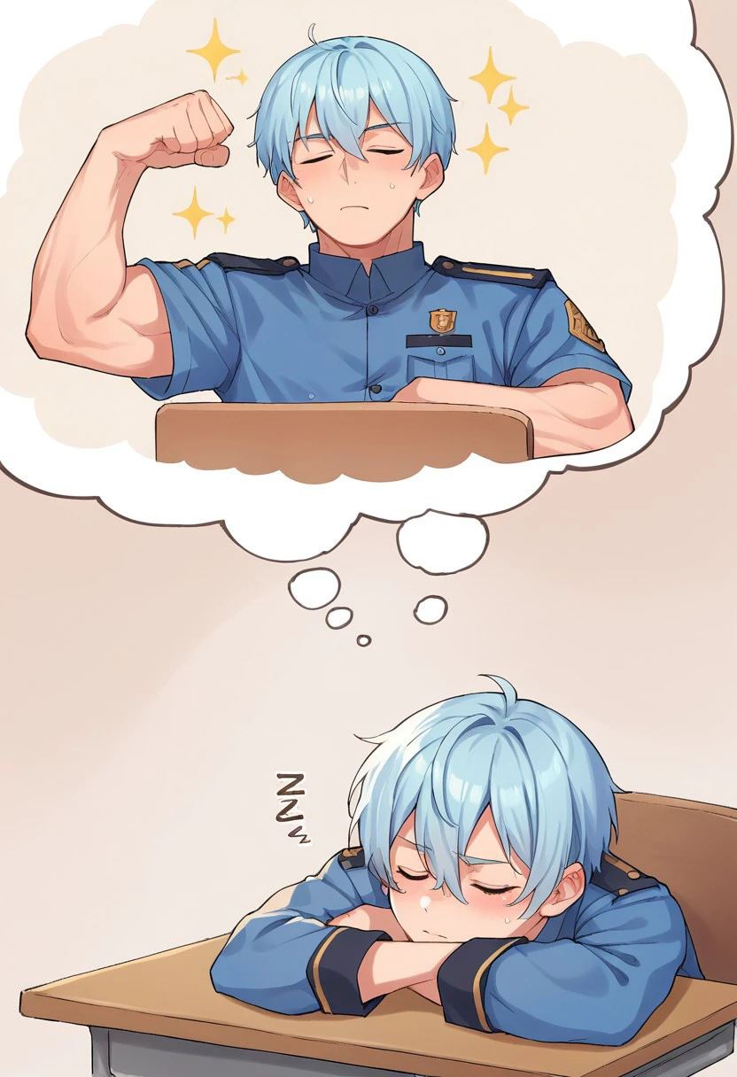 score_9, score_8_up, score_7_up, source_anime, sleeping, head on desk, dreaming, dreaming of, thought bubble, short hair, light blue hair, uniform, dreaming of themselves, dreaming of themselves muscular, flexing