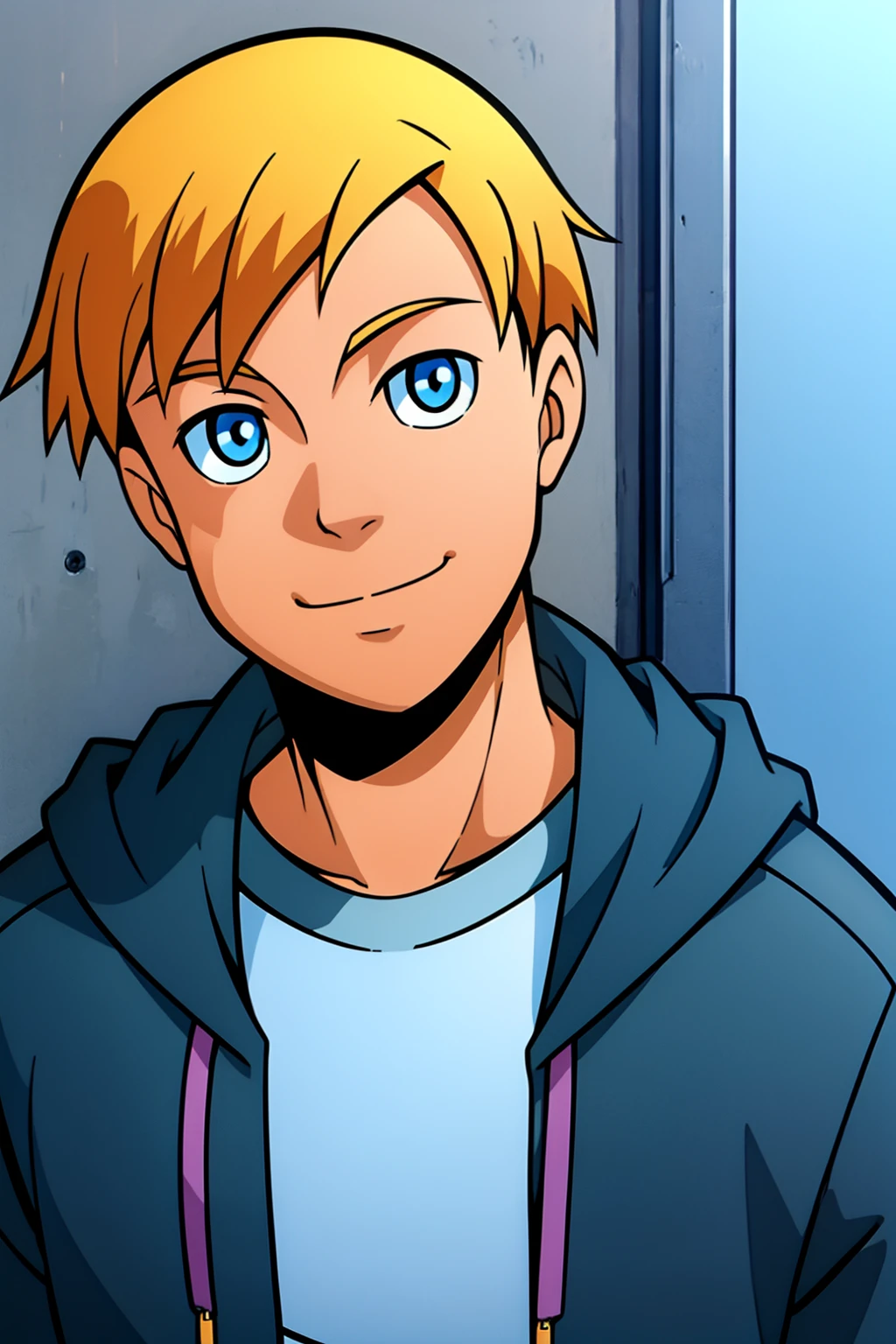 alex,1boy,solo,male focus,blonde hair,short hair,blue eyes,smile,looking at viewer,blue hoodie,long slevless,masterpiece,best quality