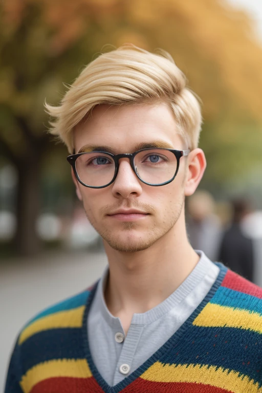 blond_hair, male_focus, stubble, rainbow_sweater, glasses, eyewear, bloom, depth_of_field, upper_body