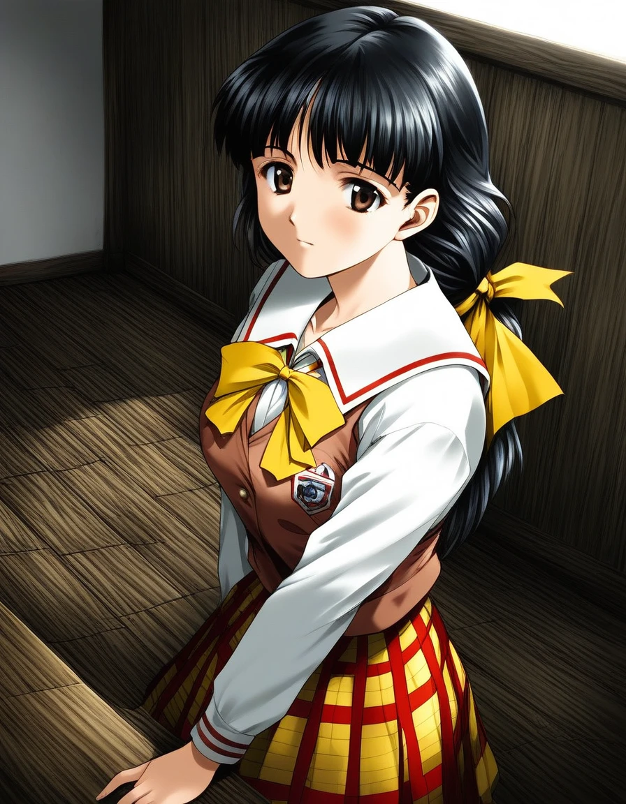 score_9, score_8_up, score_7_up, source_anime, rating_explicit, BREAK  <lora:Sakaki_Miyuki_XL:1> SakakiMiyuki, black hair, long hair, brown eyes, breasts, black eyes, hair ribbon, Yellow bow, low ponytail,
1girl, solo, school uniform, skirt, plaid skirt, plaid, long sleeves, ribbon, bow, 
upper body,
flooring, room,