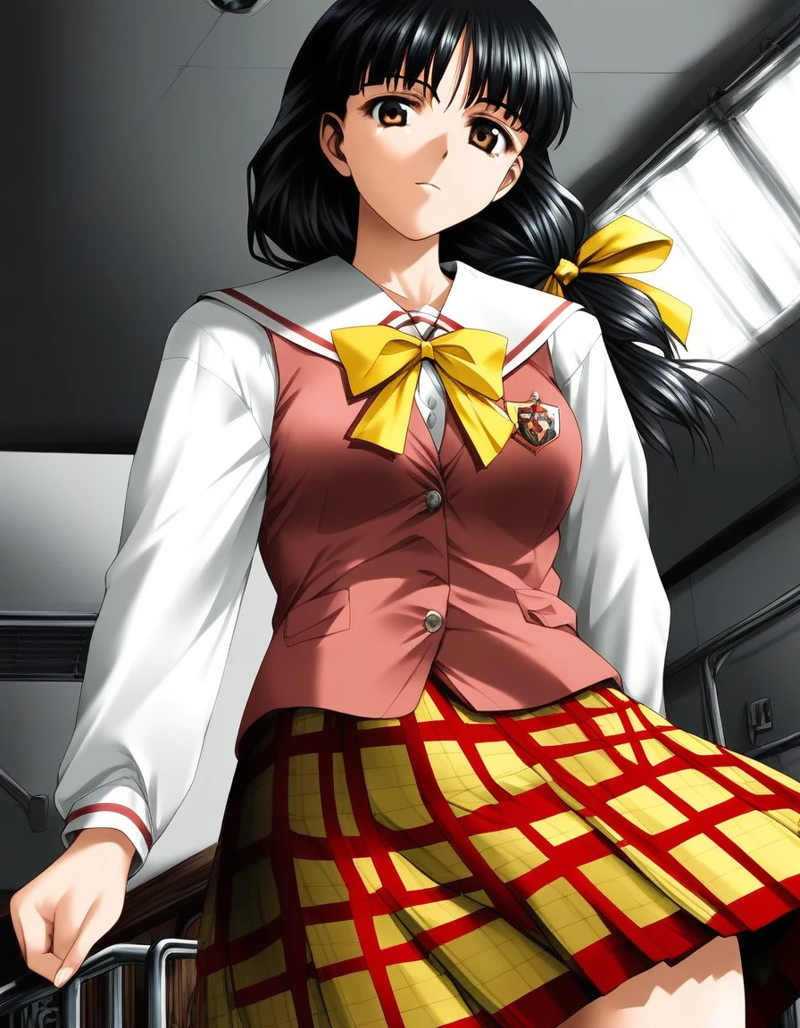 score_9, score_8_up, score_7_up, source_anime, rating_explicit, BREAK  <lora:Sakaki_Miyuki_XL:1> SakakiMiyuki, black hair, long hair, brown eyes, breasts, black eyes, hair ribbon, Yellow bow, low ponytail,
1girl, solo, school uniform, skirt, plaid skirt, plaid, long sleeves, ribbon, bow,  looking at viewer, cowboy Shot,
from below
upper body,
flooring, room,