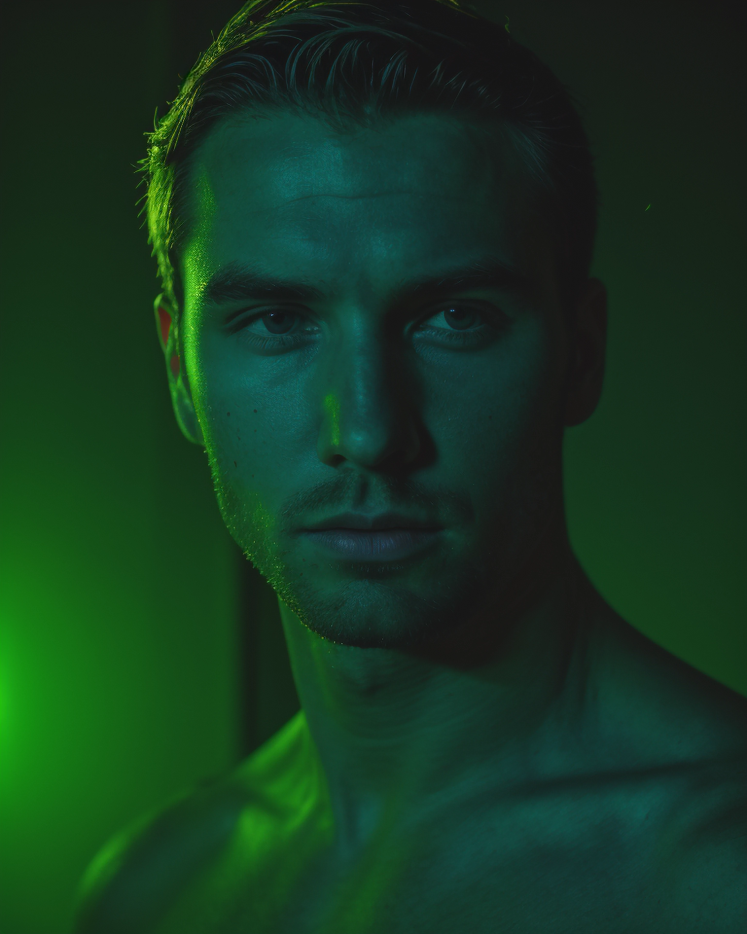 portrait photo of a handsome male model, natural grain, film grain, green light, blue light, colorful light, night, dark scene, deep photo <lora:SnxilluminateV2:0.6>