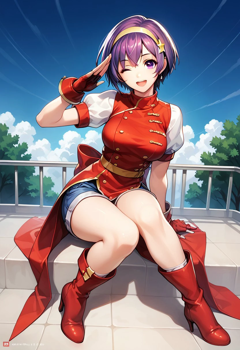 score_9_up, score_8_up, score_7_up, extreamly detailed, beautiful detailed face, complex detailed background, completely clothes, 1girl, BREAK, 
ATHENA ASAMIYA, ATHENA ASAMIYA CHINESE DRESS, 1girl, solo, breasts, looking at viewer, smile, short hair, open mouth, gloves, purple eyes, full body, purple hair, hairband, boots, one eye closed, shorts, fingerless gloves, high heels, salute, red dress