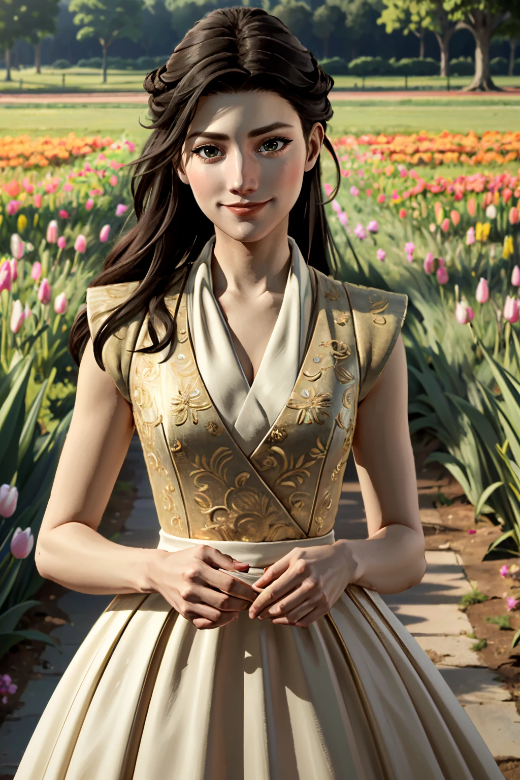 ((ultra detailed, masterpiece, absurdres))
 <lora:GOTMira:0.8>
GOTMira, 1girl, brown hair, long hair, looking at viewer, in a field of tulips, golden hour, elegant dress, smiling