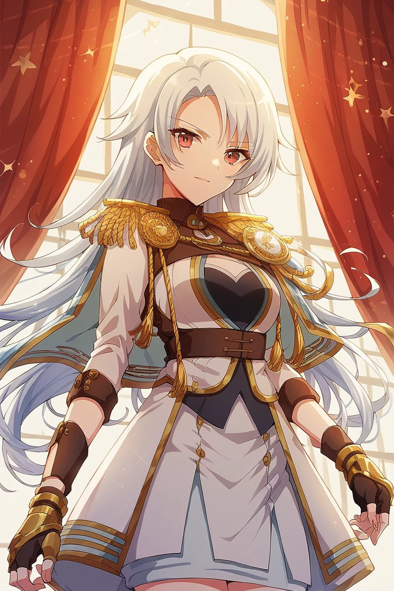 score_9, score_8_up, score_7_up, score_6_up, 1girl,
 <lora:Shiro_Ogami:0.9> shiro, solo, long hair, fingerless gloves, epaulettes, gloves, looking at viewer, white hair, stage outfit, red curtain, color lights,