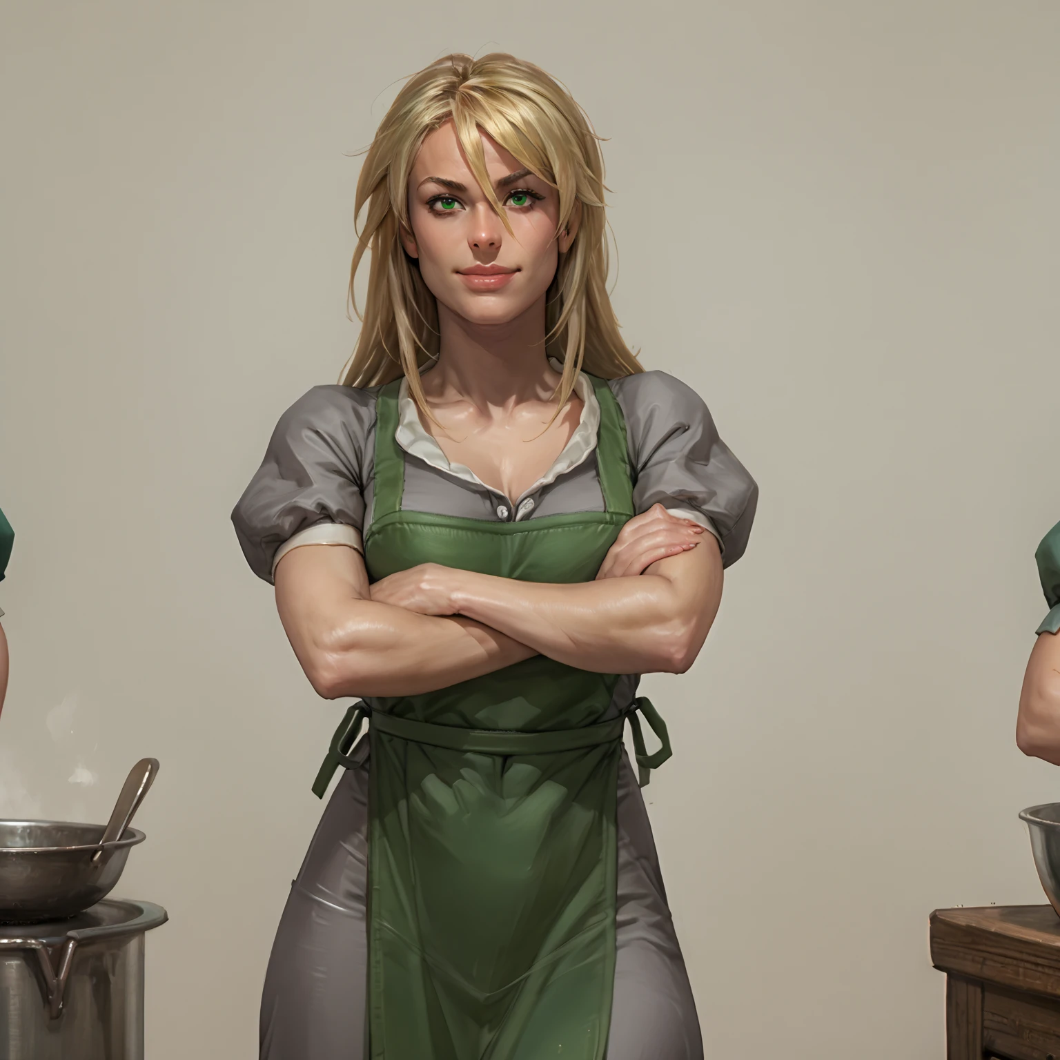 score_9, score_8_up, score_7_up, score_6_up, source_cartoon, raw, realistic, solo shot, view from front, 1girl, cq_cla1redr3ss, (green eyes:.7), blonde hair, short apron, short sleeve dress, grey dress, green apron, puffy sleeves, hair between eyes, bangs, bimbo, long hair, slutty girl, head tilt to side, arms crossed behind back, smiling, blank background, <lora:CQ_ClairedressPony-10:.75> <lora:thepit_ponyxl:.5> <lora:iranon_ponyxl:.4> <lora:sinfully_stylish_PONY_0.2:.5> <lora:temogam_ponyxl:.25> <lora:HerrscherAGGA2024_TF_Style_V1:.6>