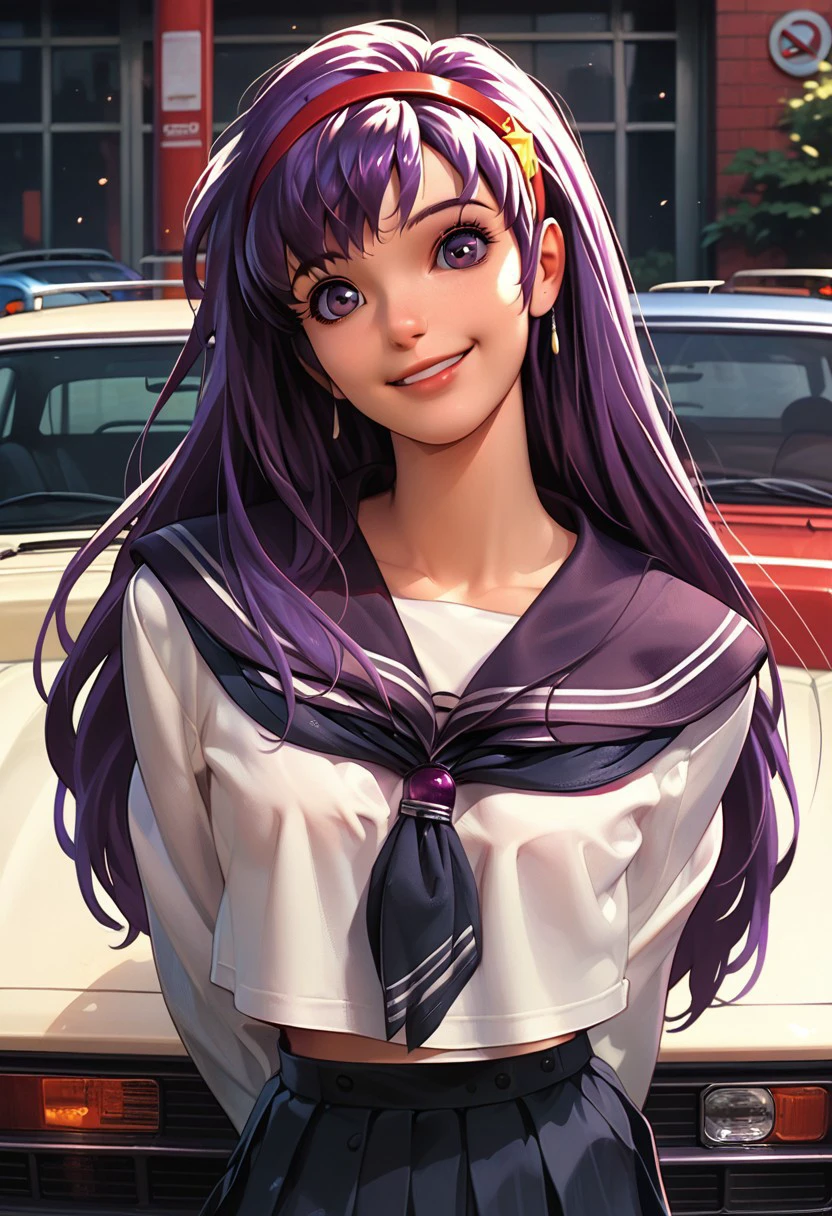 score_9_up, score_8_up, score_7_up, extreamly detailed, beautiful detailed face, complex detailed background, completely clothes, 1girl, BREAK, 
ATHENA ASAMIYA, ATHENA ASAMIYA SAILOR SUIT, 1girl, solo, long hair, looking at viewer, smile, skirt, long sleeves, school uniform, purple eyes, purple hair, pleated skirt, hairband, serafuku, black skirt, head tilt, arms behind back, ground vehicle, motor vehicle, red hairband, car