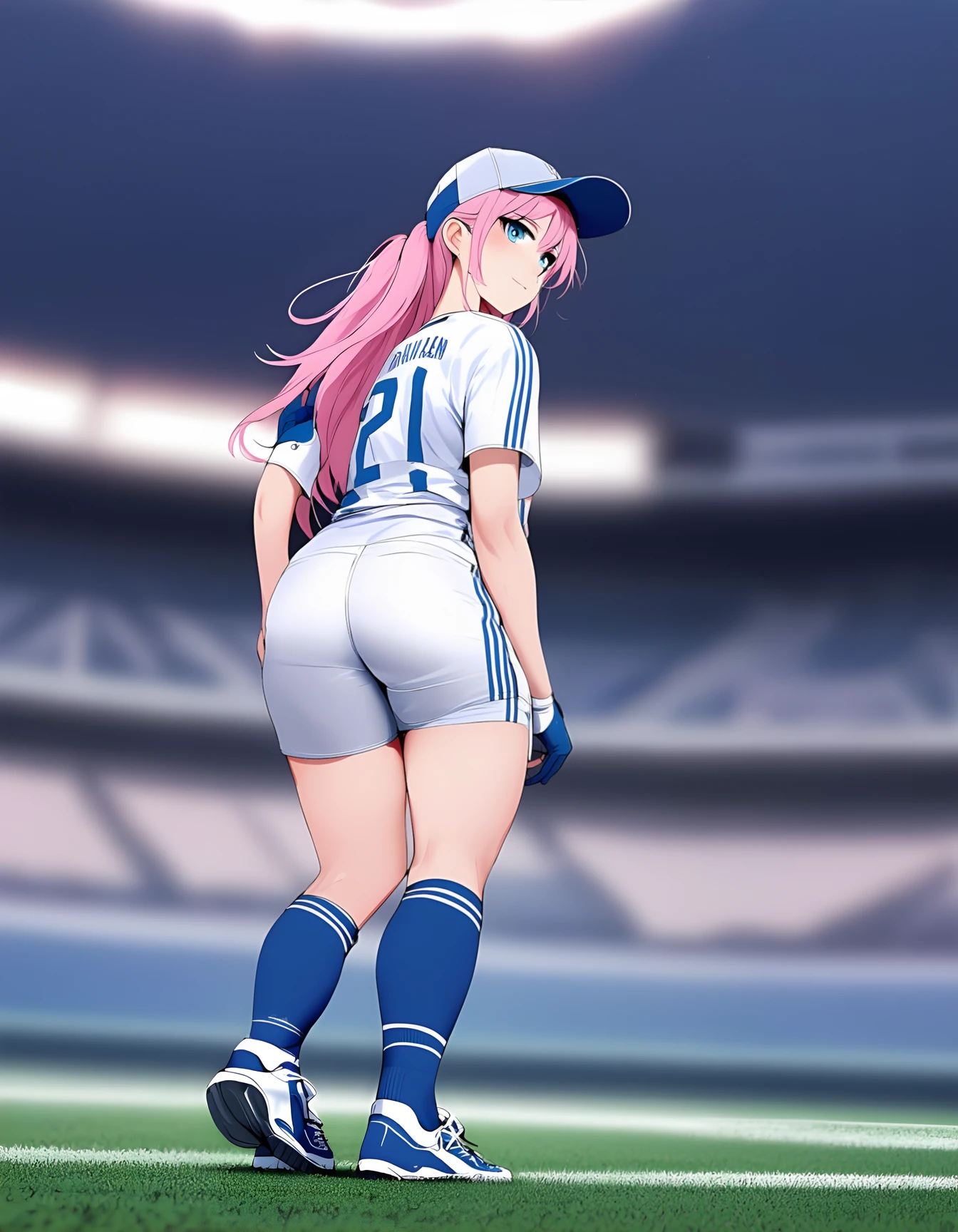 1girl, long hair, looking at viewer, smile, blue eyes, shirt, gloves, hat, closed mouth, standing, pink hair, ponytail, ass, short sleeves, sidelocks, thighs, outdoors, sky, shorts, socks, day, midriff, looking back, from behind, blurry, crop top, hand on own hip, short shorts, kneehighs, blurry background, baseball cap, blue headwear, white shorts, sportswear, blue gloves, kneepits, cropped shirt, blue socks, soccer uniform, stadium ,