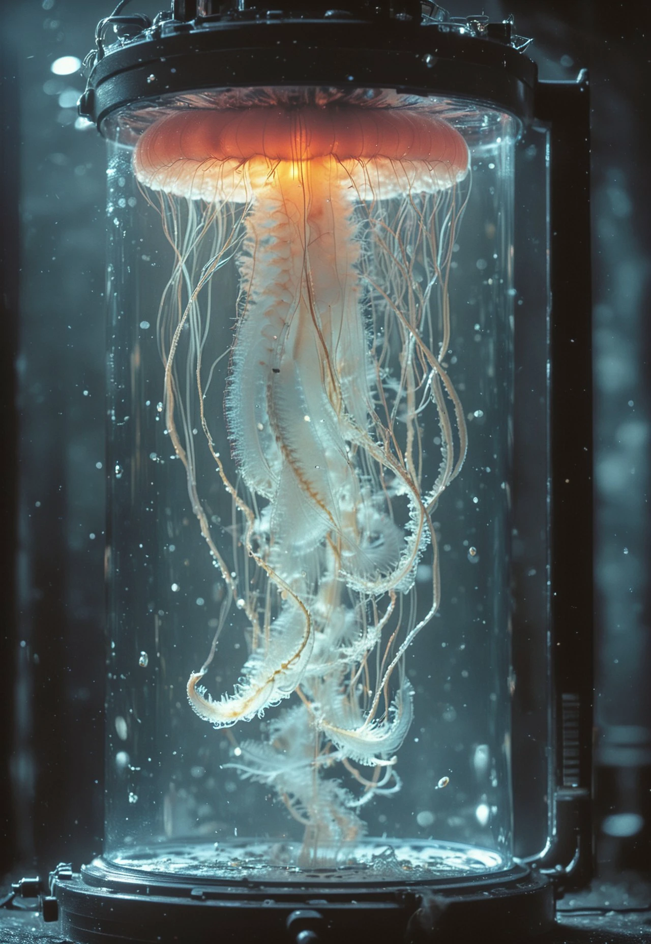 a fmb jellyfish floating in stasis-tank, backlight, a dark eerie laboratory background,, closeup portrait, atmospheric haze, Film grain, cinematic film still, shallow depth of field, highly detailed, high budget, cinemascope, moody, epic, OverallDetail, gorgeous, 2000s vintage RAW photo, photorealistic, candid camera, color graded cinematic, eye catchlights, atmospheric lighting, skin pores, imperfections, natural, shallow dof, deep blacks, high monochrome contrast,