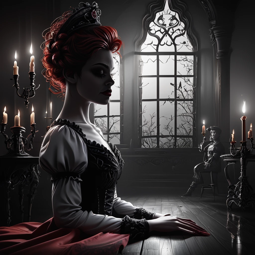 Victorian vampire haven, ornate gothic architecture. Candlelit interior, velvet drapes, ancient tomes. Pale figures in period dress, eyes glowing red. Chiaroscuro lighting, deep shadows, mist creeping along floor. Baroque details, blood-red accents, sinister atmosphere. core_9, score_8_up, score_7_up,   <lora:ArsMorph_-_World_of_Darkness_Pony:1> ArsWorldOfDarkness,