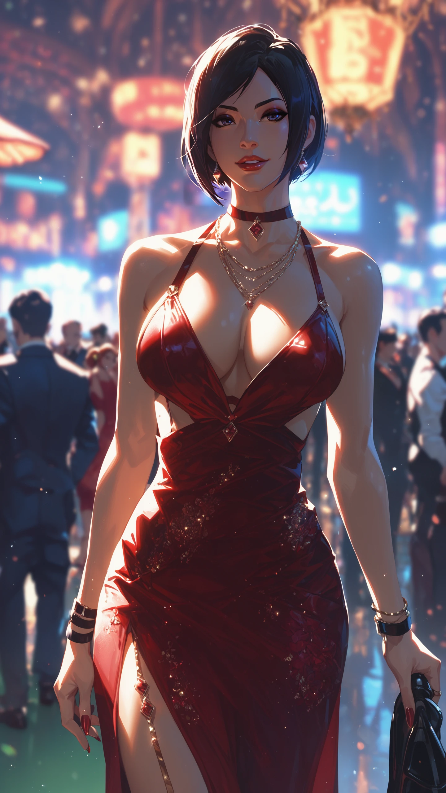 Beautiful woman is shown to have a slender figure, hair is green and red mix, she is wearing a beautiful sexy dress, hair combed over to the side, brown eyes, girl standing in a gala ballroom, sexy session, putting her hands on her waist, poseing, exposed cleavage, cowboy shot, superior quality, many details, realistic