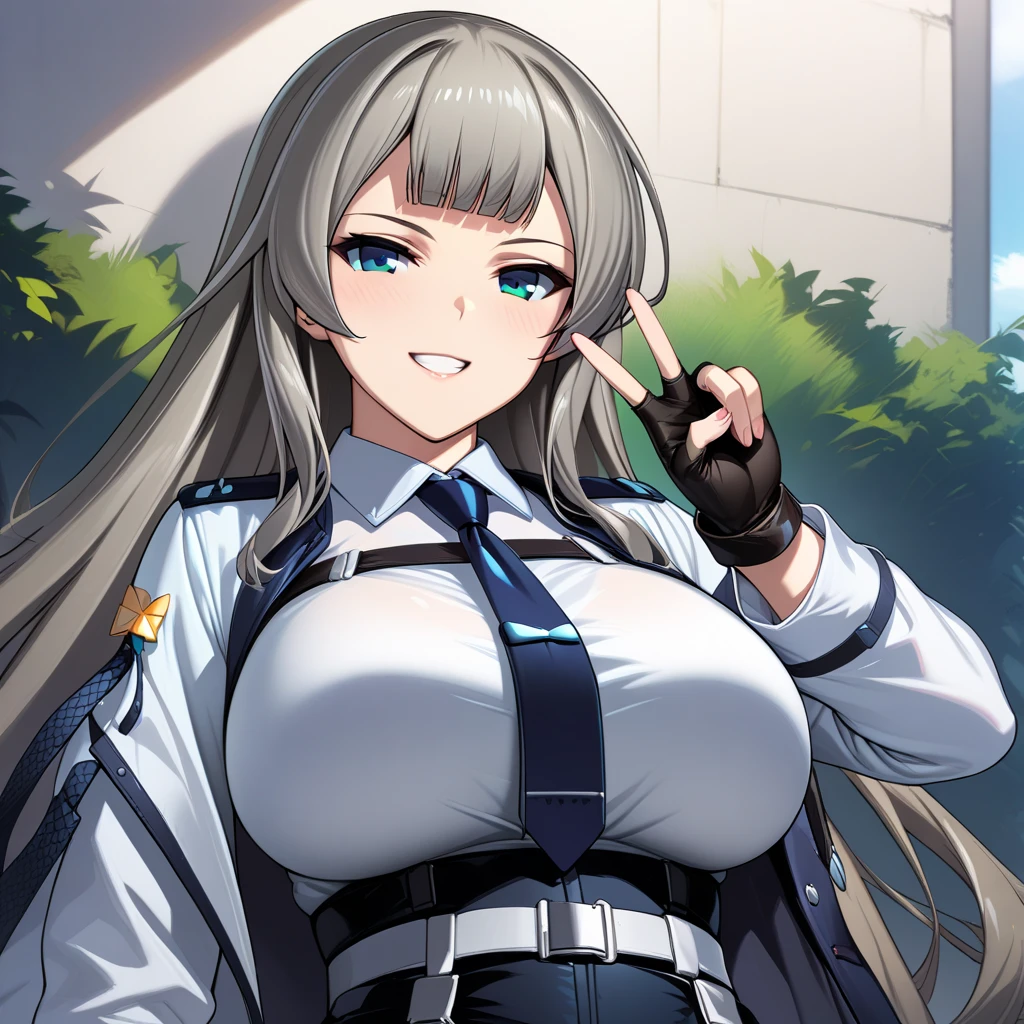 jaina_kropel, 1girl, necktie, breasts, solo, gloves, shirt, long hair, blunt bang, white shirt, large breasts, black gloves, white background, collared shirt, fingerless gloves, blue necktie, bangs, upper body, normaluniform, kind smile, looking at viewer, anime coloring, gray hair, green eyes, v sign, <lora:Jaina_Kropel:1>, (masterpiece),(best quality),(ultra-detailed),(best illustration),(best shadow),(absurdres),(detailed background),(very aesthetic),