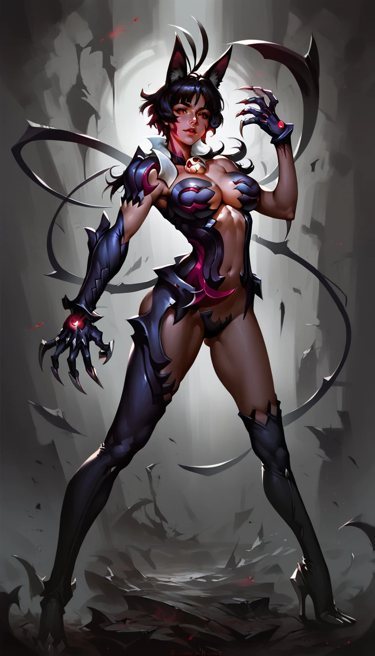 score_9, score_8_up, score_7_up,, detailed face,detailed background,  standing, , perfect face, 1girl, antenna hair,  full body shot, high heels, red eyes, dynamic pose, 
<lora:Concept Art DarkSide Style LoRA_Pony XL v6:0.8> concept art, realistic, dark theme, low light, 
<lora:GwentStyle_v2:0.4> gwentstyle
 <lora:Witchblade_-_Masane_Amaha:0.8> ,Masane Amaha, witchblade,
 <lora:skullgirls_msfortune_ponyXL:0.8> sgmsfortune, dark skin, bob cut, cat tail