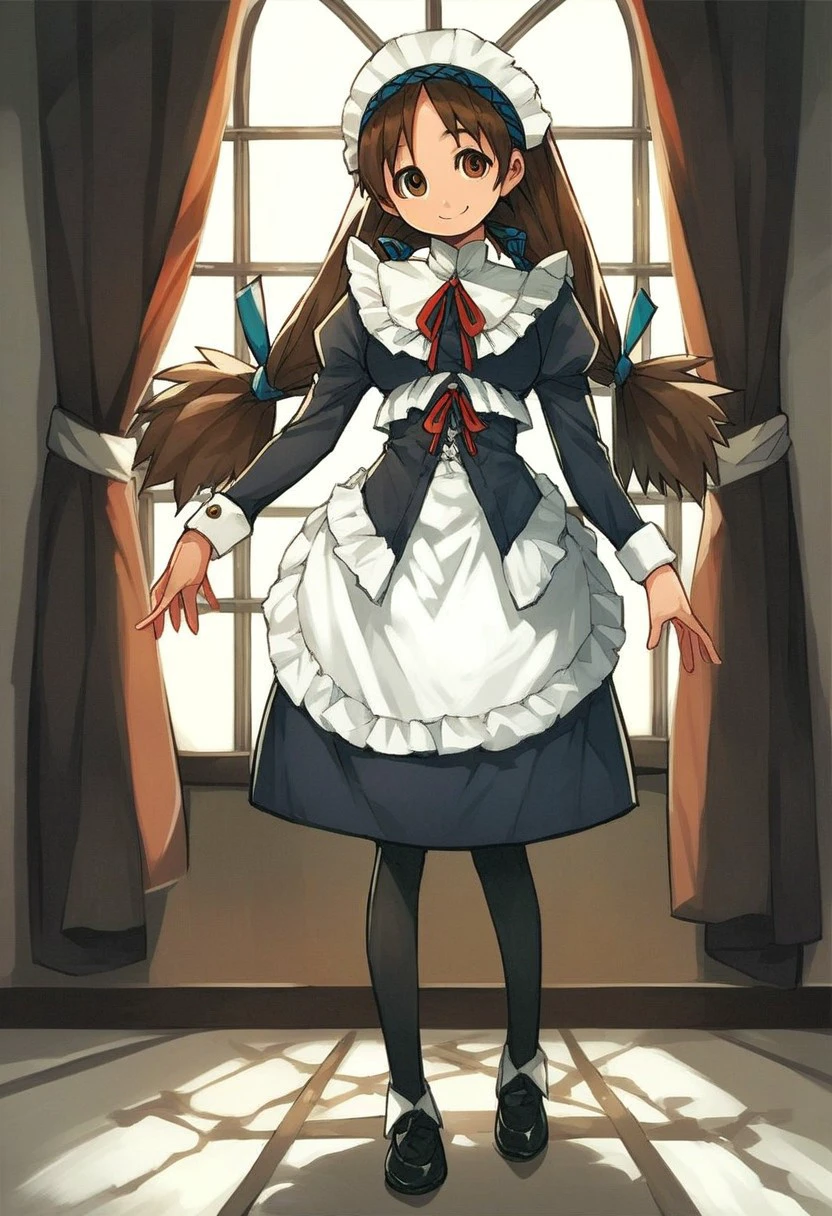 score_9_up, score_8_up, score_7_up, score_6_up, 1girl, solo, Yuki_MCMG, maid, maid headdress, long brown hair, twintails, black pantyhose, black shoes, brown eyes, apron, smile, standing in an (old mansion), source_anime