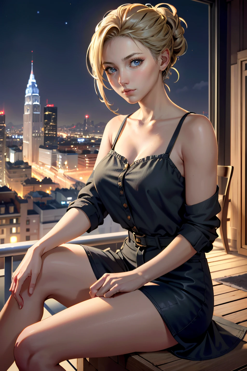 ((ultra detailed, masterpiece, absurdres))
<lora:UncElena:0.8>
UncElena, 1girl, blonde hair, blue eyes, looking at viewer, overlooking the city from a rooftop bar at night, chic outfit, sitting