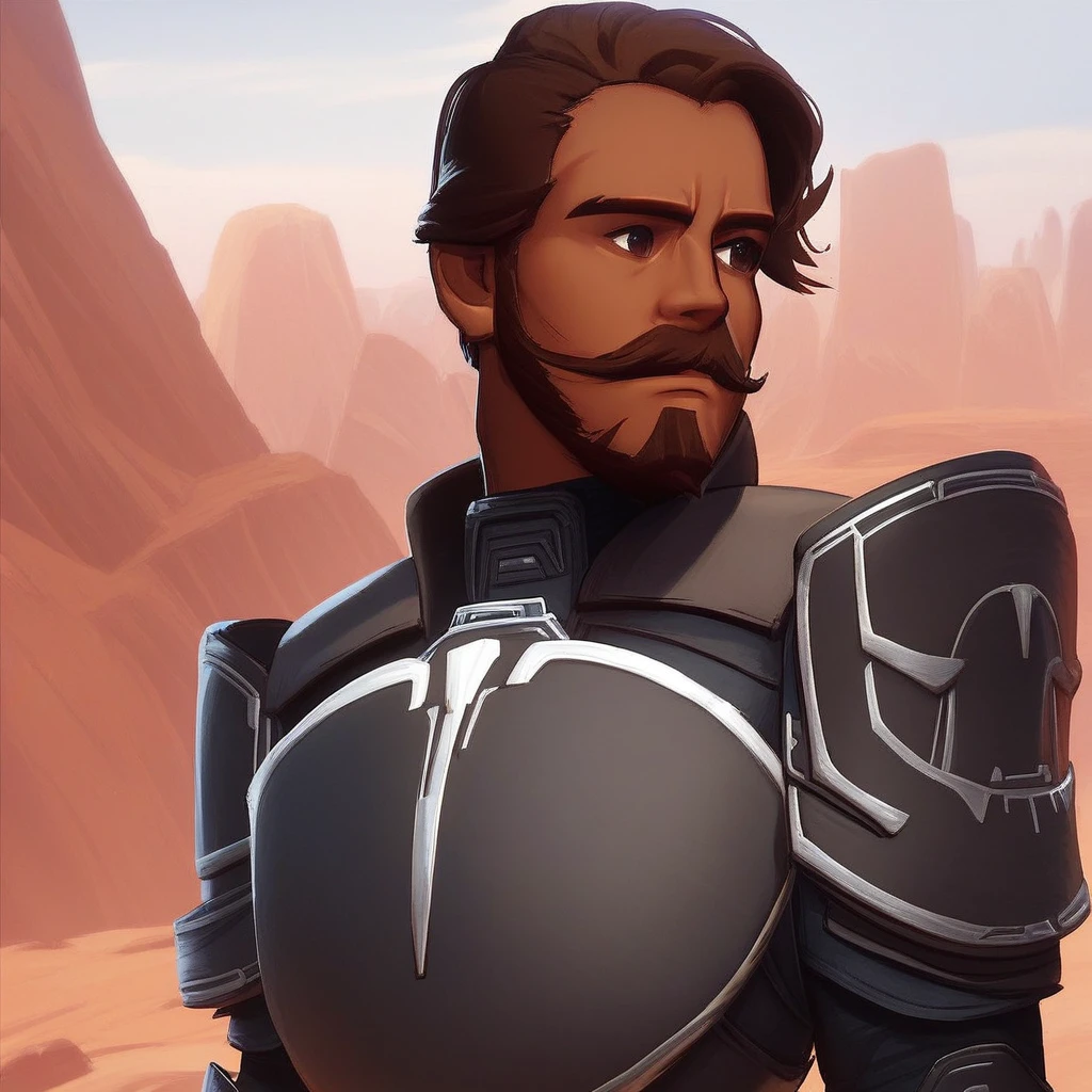 score_9, score_8_up, score_7_up, Resilient-Warden, Star Wars, solo, short hair, brown hair, 1boy, upper body, male focus, outdoors, dark skin, armor, facial hair, dark-skinned male, beard, breastplate, mustache, general